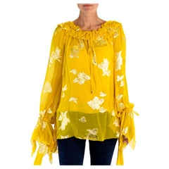 2000S EMANUEL UNGARO Yellow Gold Lamé Silk Fil Coupé Chiffon Blouse
