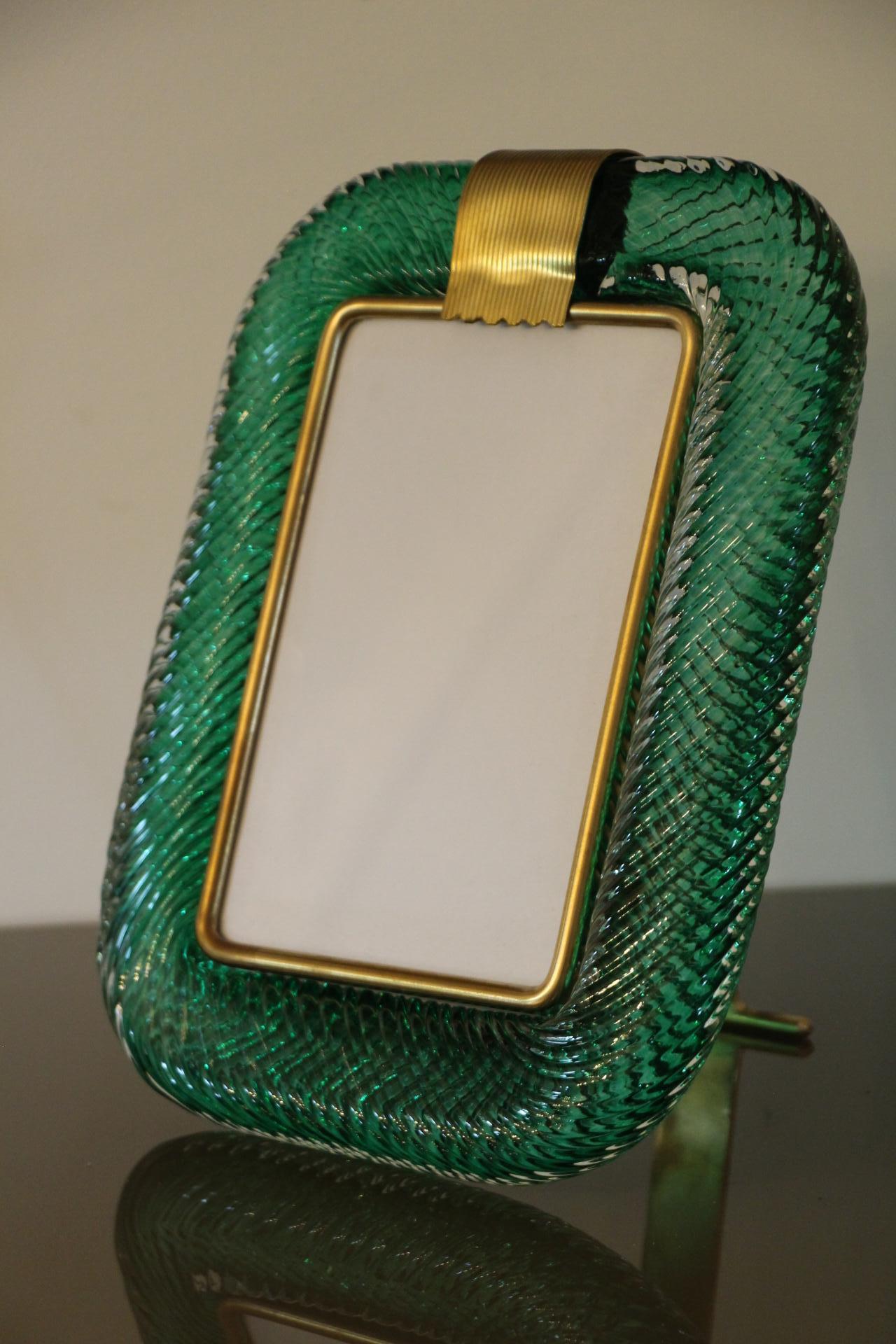 2000's Emerald Green Twisted Murano Glass and Brass Picture Frame by Barovier  4