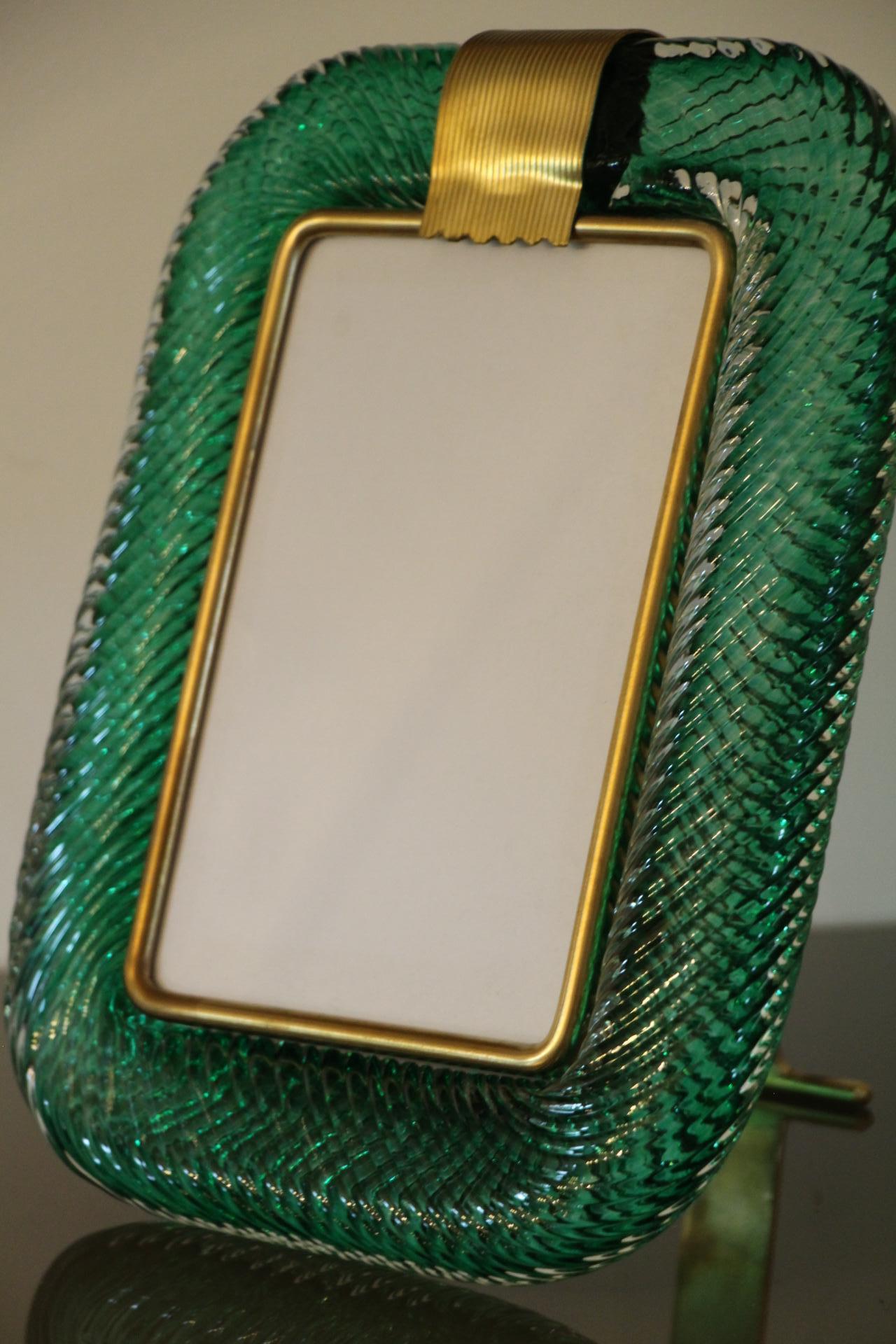 2000's Emerald Green Twisted Murano Glass and Brass Picture Frame by Barovier  6