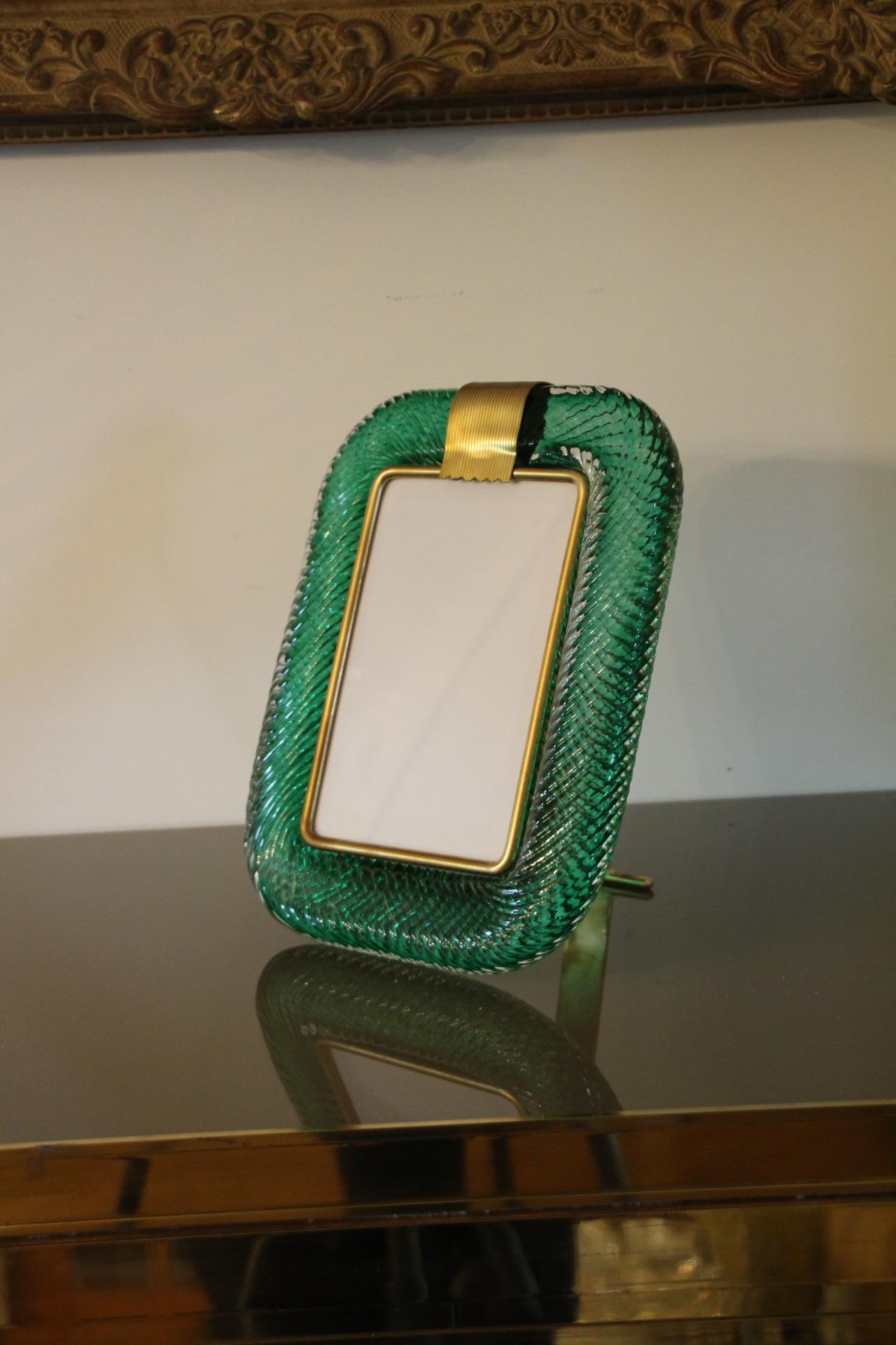 2000's Emerald Green Twisted Murano Glass and Brass Picture Frame by Barovier  7