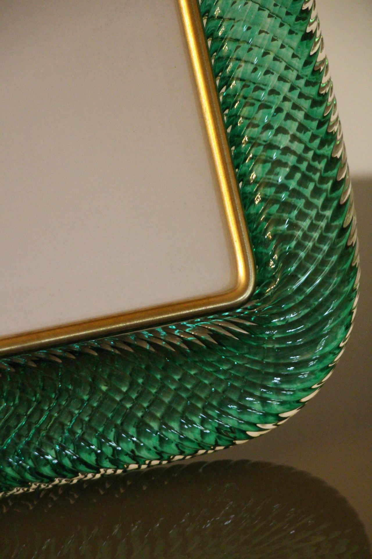 Italian 2000's Emerald Green Twisted Murano Glass and Brass Picture Frame by Barovier 