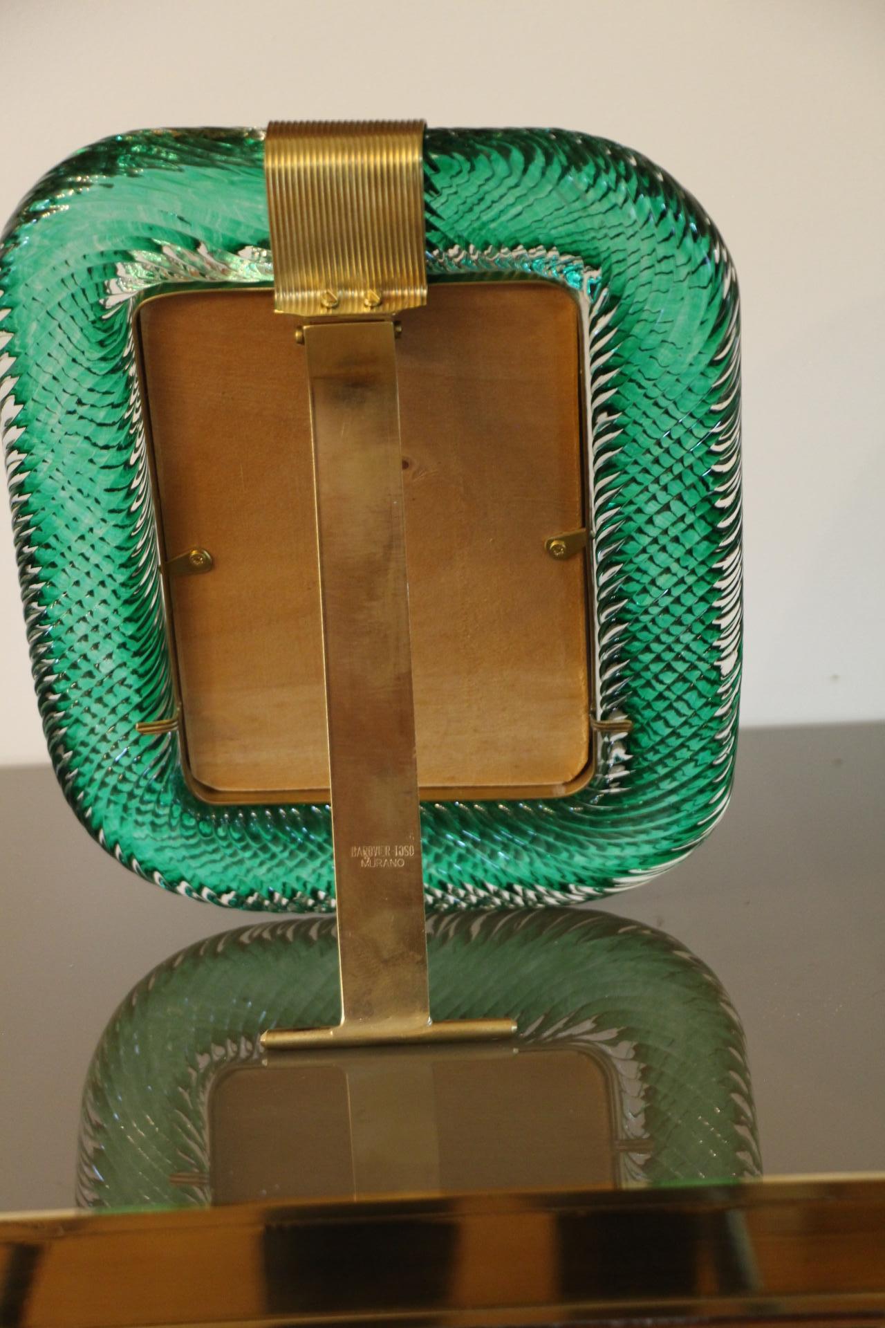 2000's Emerald Green Twisted Murano Glass and Brass Picture Frame by Barovier  1