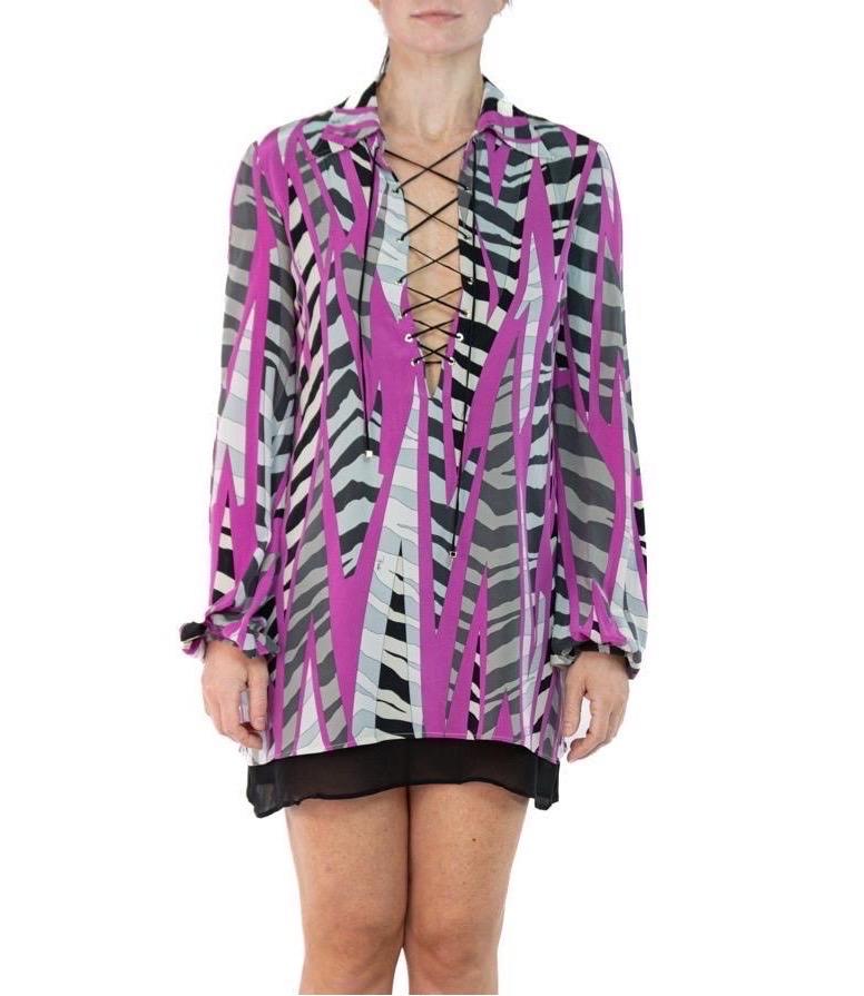 2000S Emilio Pucci Black & White Pink Silk Tie Up Front Dress In Excellent Condition For Sale In New York, NY