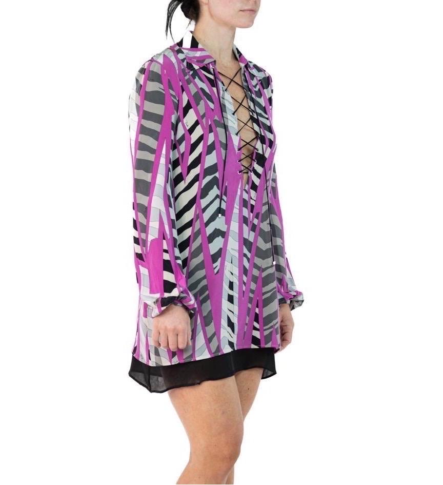 2000S Emilio Pucci Black & White Pink Silk Tie Up Front Dress For Sale 2