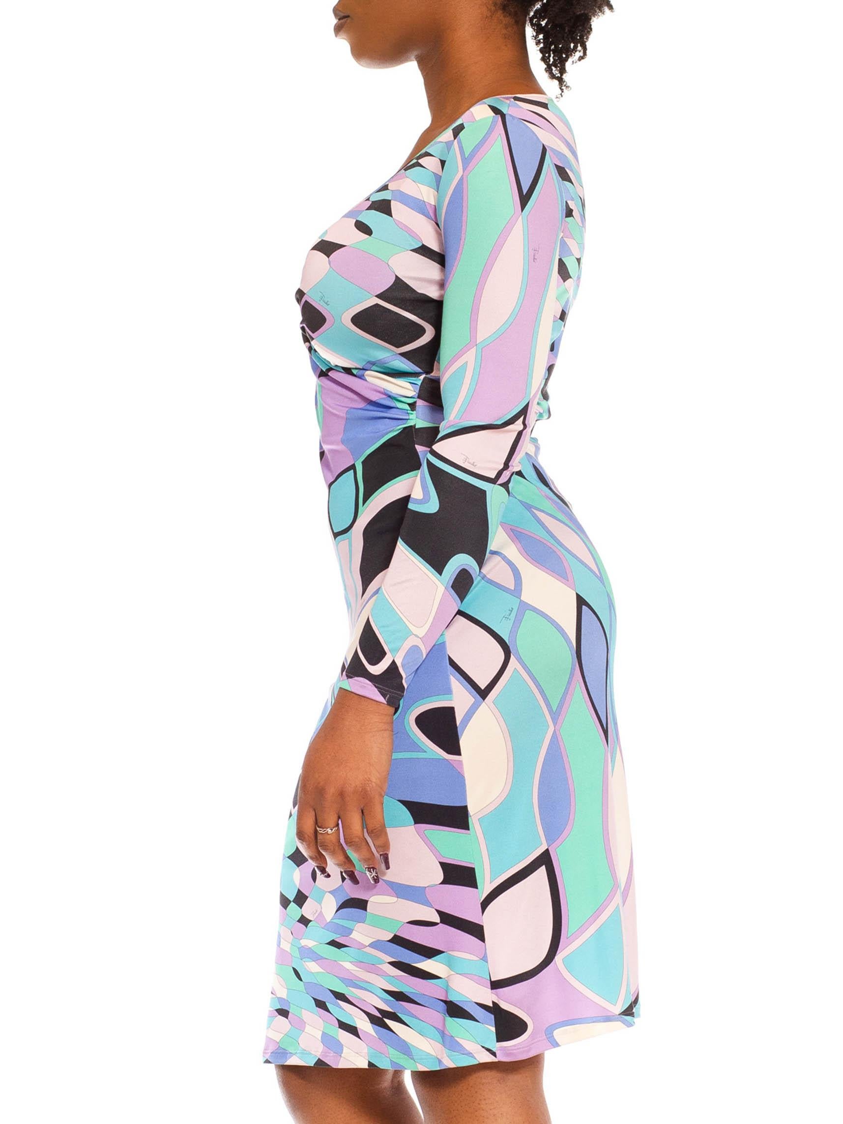 Gray 2000S Emilio Pucci Blue & Pink Psychedelic Silk Jersey Long Sleeved Dress For Sale
