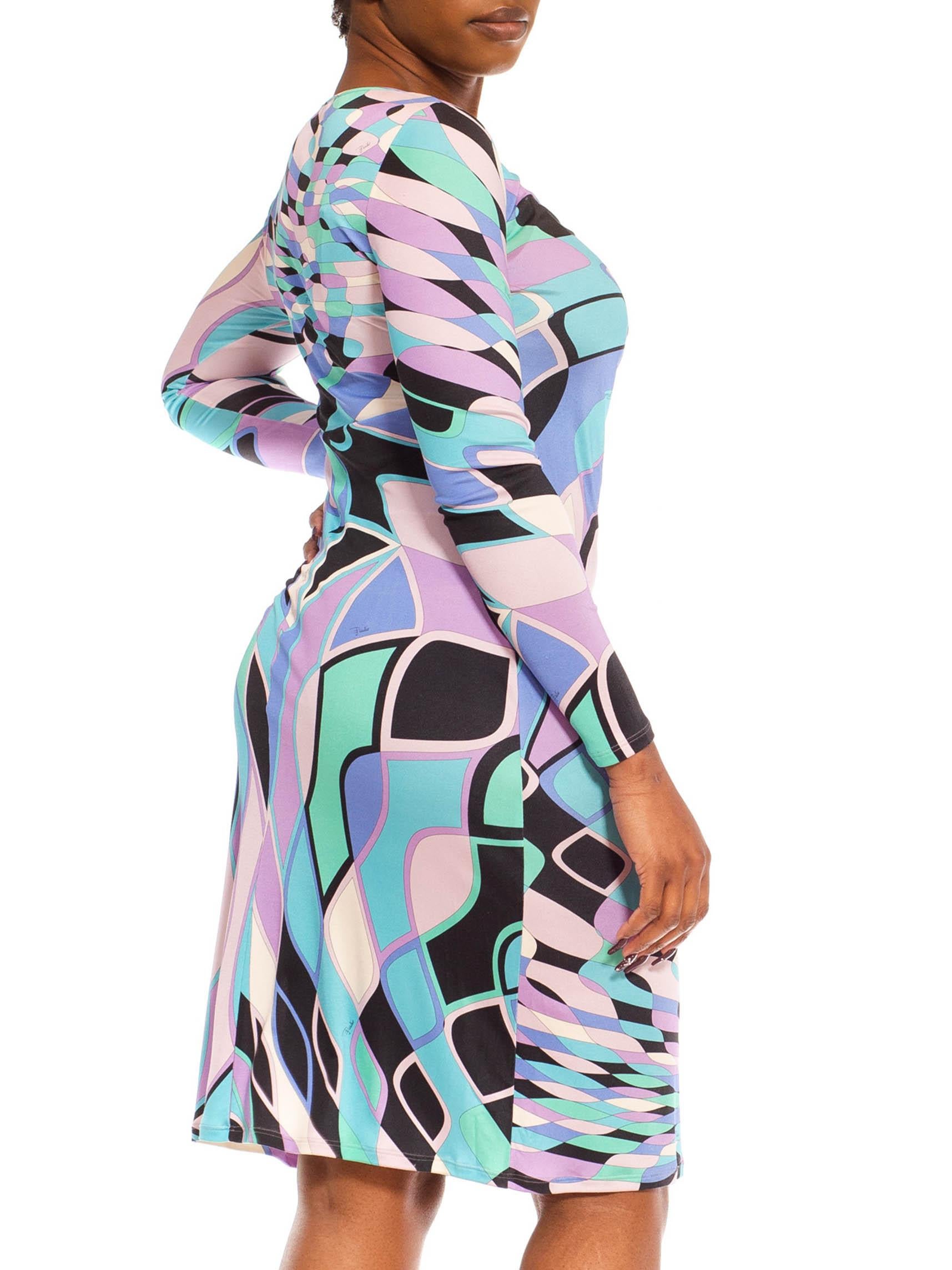 2000S Emilio Pucci Blue & Pink Psychedelic Silk Jersey Long Sleeved Dress In Excellent Condition For Sale In New York, NY
