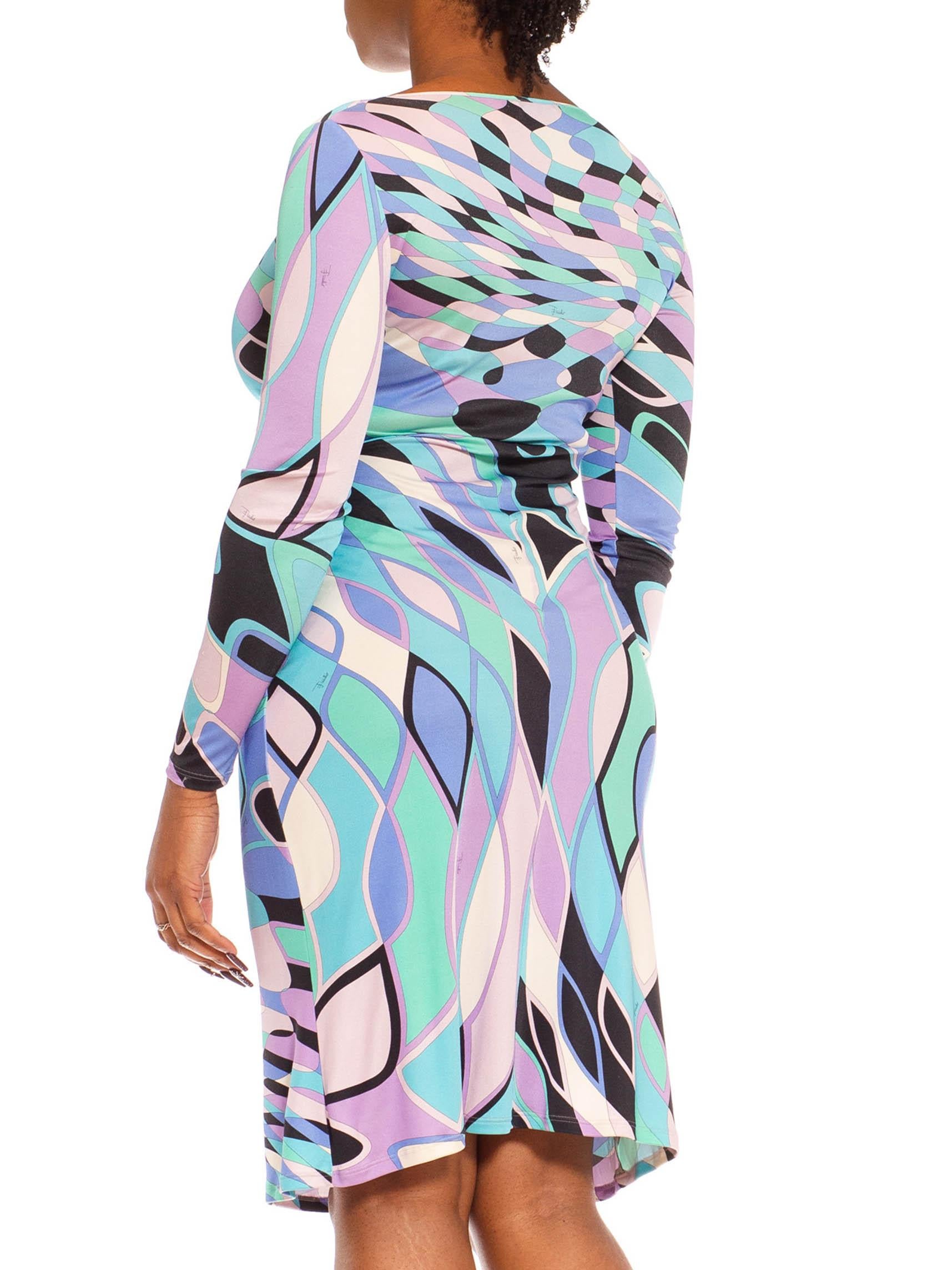 2000S Emilio Pucci Blue & Pink Psychedelic Silk Jersey Long Sleeved Dress For Sale 1