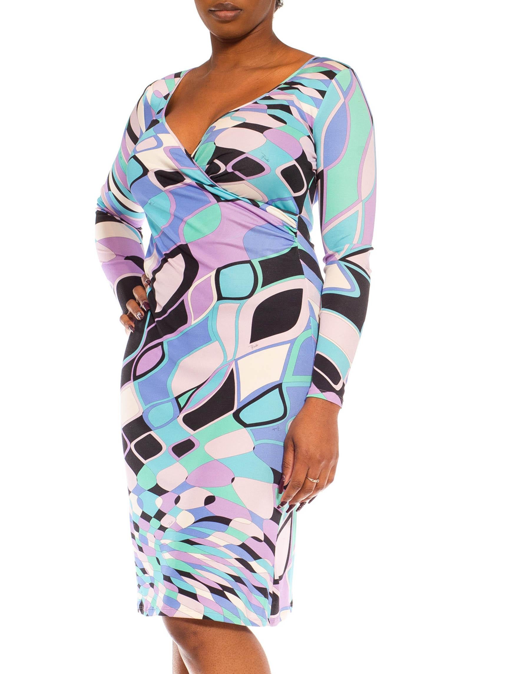 2000S Emilio Pucci Blue & Pink Psychedelic Silk Jersey Long Sleeved Dress For Sale 2