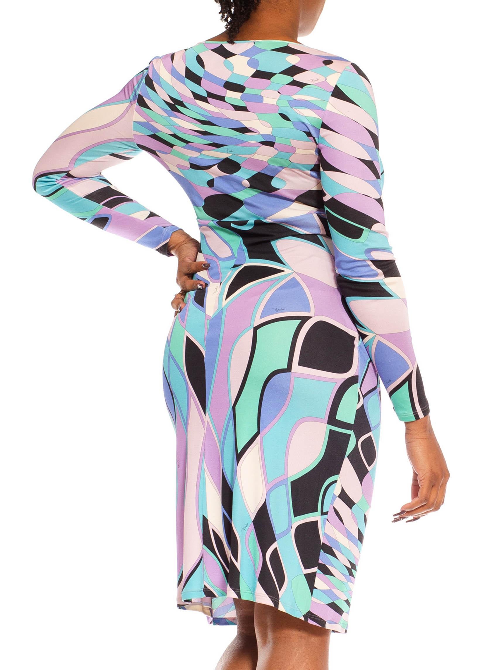 2000S Emilio Pucci Blue & Pink Psychedelic Silk Jersey Long Sleeved Dress For Sale 3