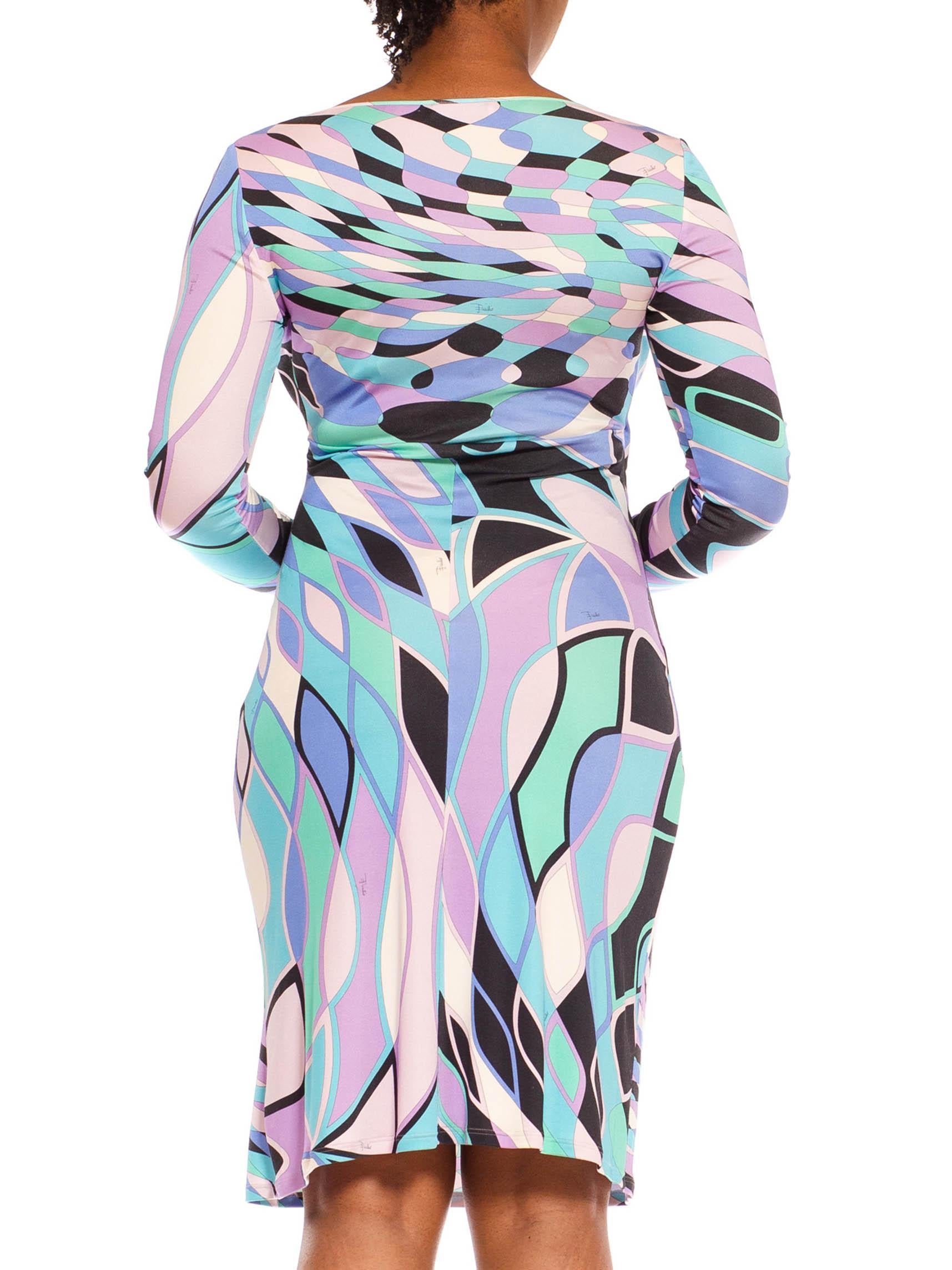 2000S Emilio Pucci Blue & Pink Psychedelic Silk Jersey Long Sleeved Dress For Sale 4