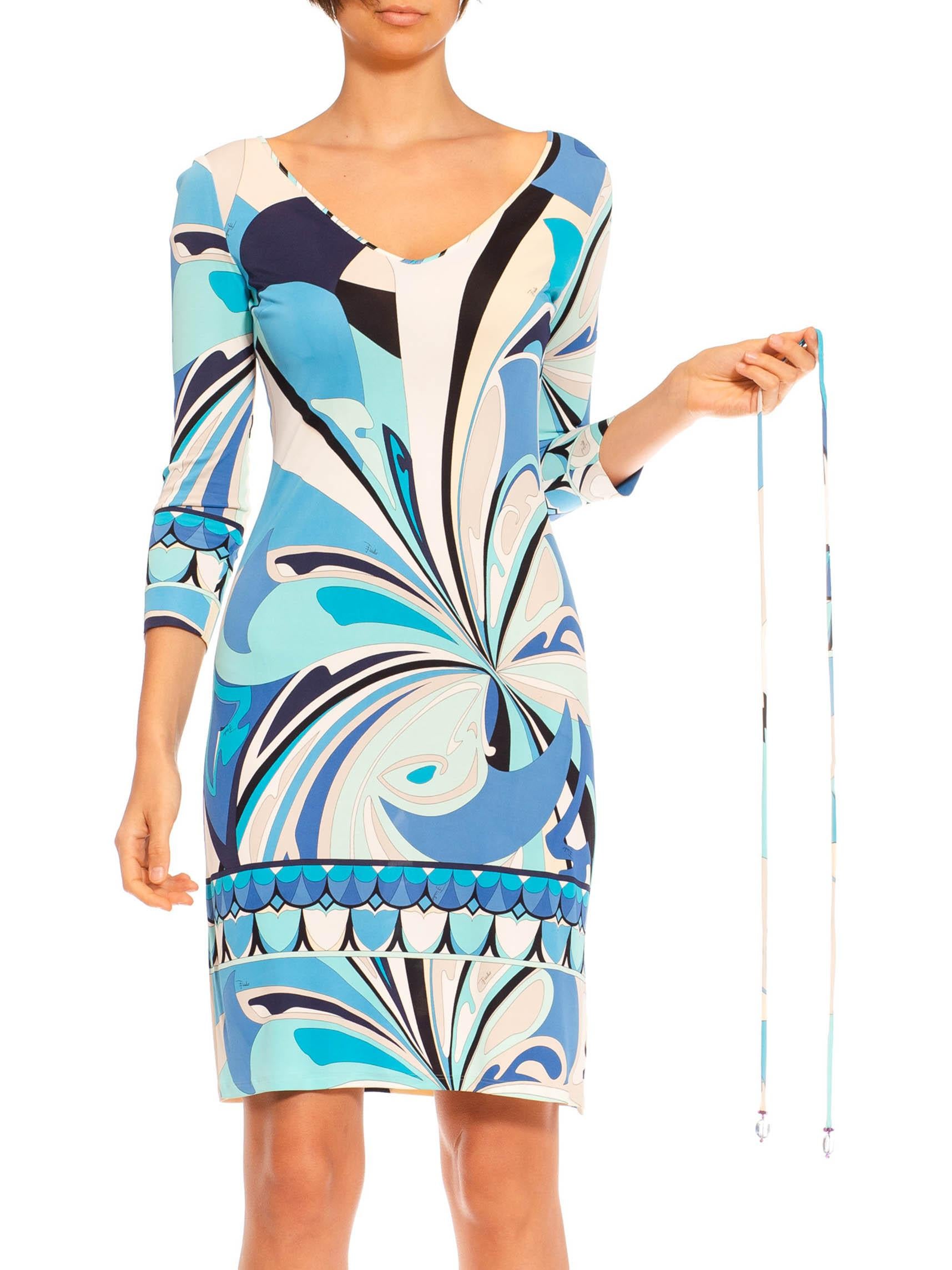 2000S Emilio Pucci Blue & White Psychedelic Rayon Jersey Long Sleeved Dress In Excellent Condition In New York, NY