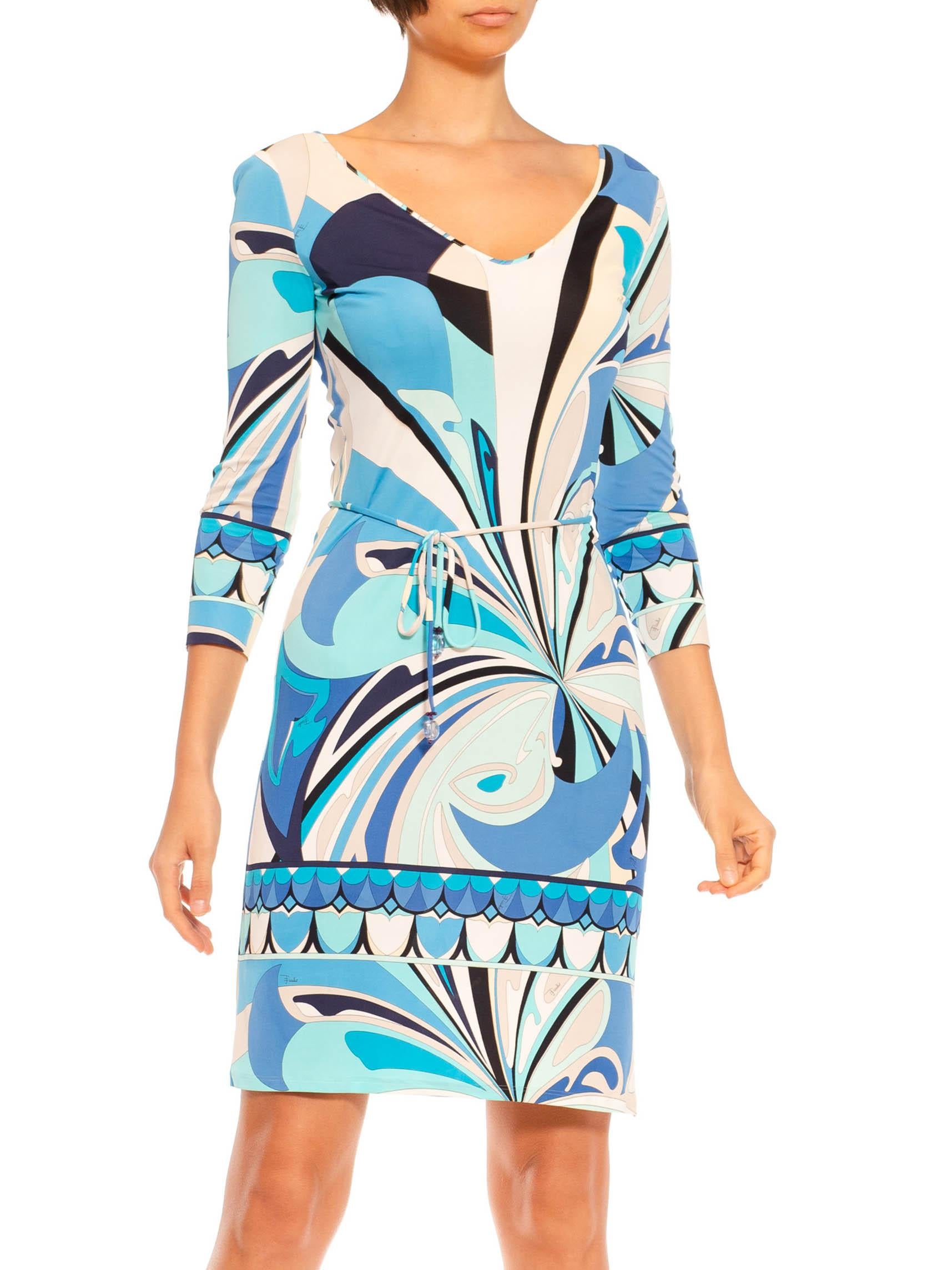 Women's 2000S Emilio Pucci Blue & White Psychedelic Rayon Jersey Long Sleeved Dress