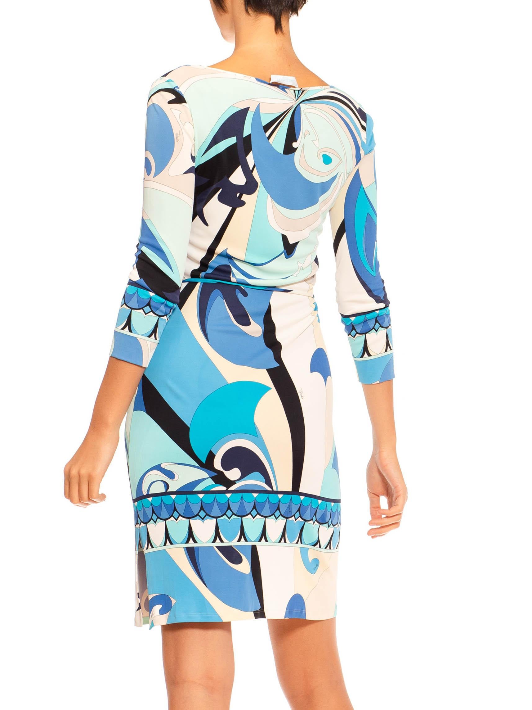 2000S Emilio Pucci Blue & White Psychedelic Rayon Jersey Long Sleeved Dress 3