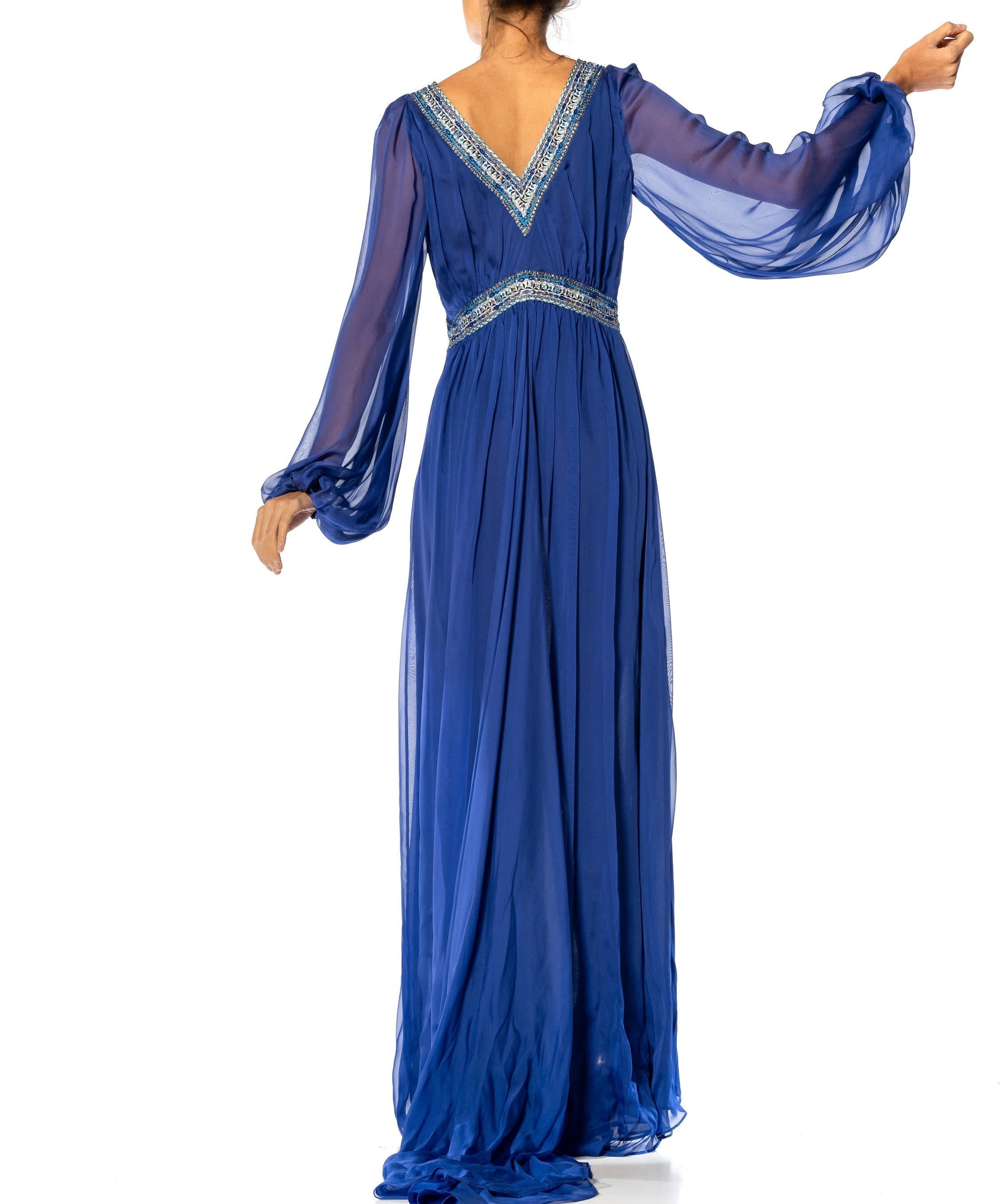 2000S EMILIO PUCCI Cobalt Blue Silk Chiffon Sleeved Gown With Beaded Print Deta For Sale 6