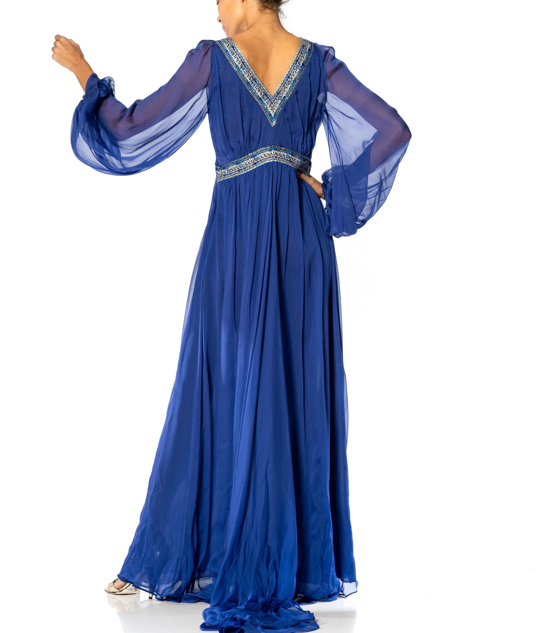 2000S EMILIO PUCCI Cobalt Blue Silk Chiffon Sleeved Gown With Beaded Print Deta For Sale 7