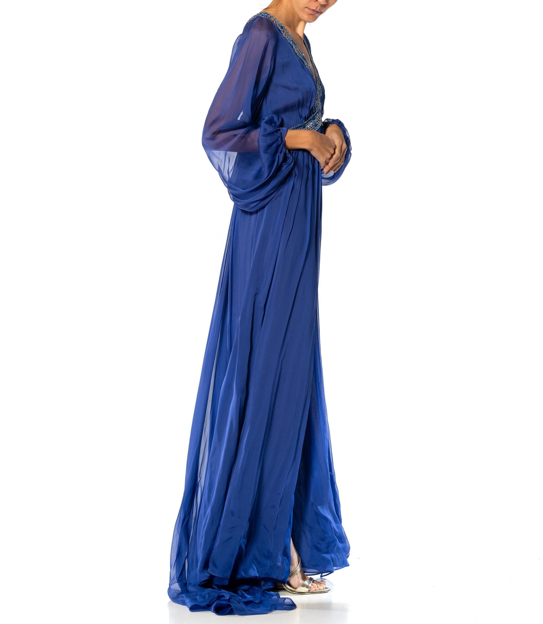 2000S EMILIO PUCCI Cobalt Blue Silk Chiffon Sleeved Gown With Beaded Print Deta For Sale 8