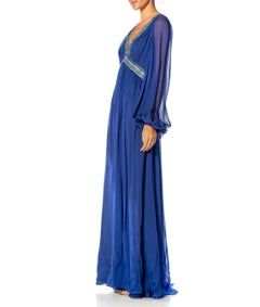 2000S EMILIO PUCCI Cobalt Blue Silk Chiffon Sleeved Gown With Beaded Print Deta