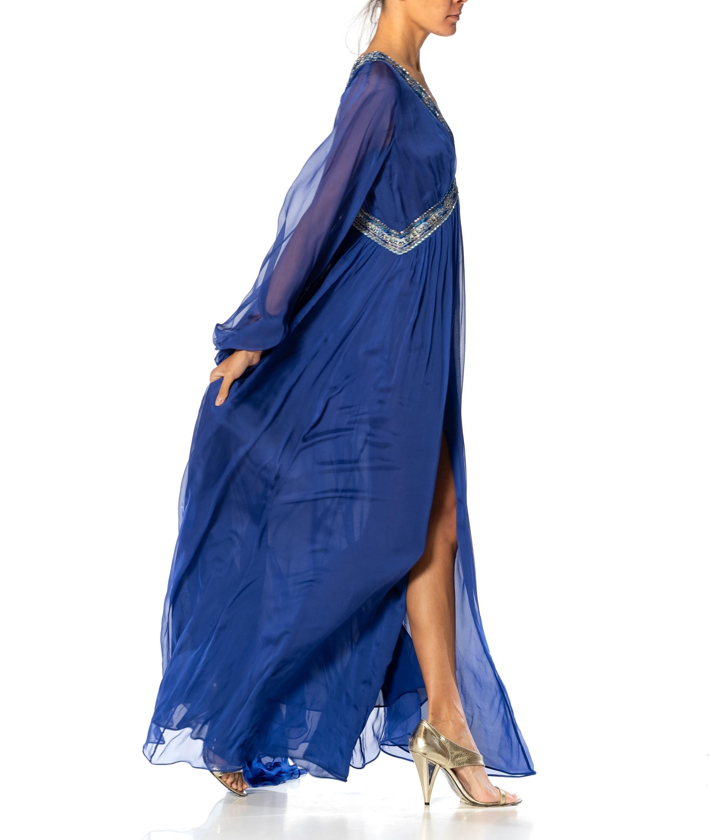 2000S EMILIO PUCCI Cobalt Blue Silk Chiffon Sleeved Gown With Beaded Print Deta In Excellent Condition For Sale In New York, NY