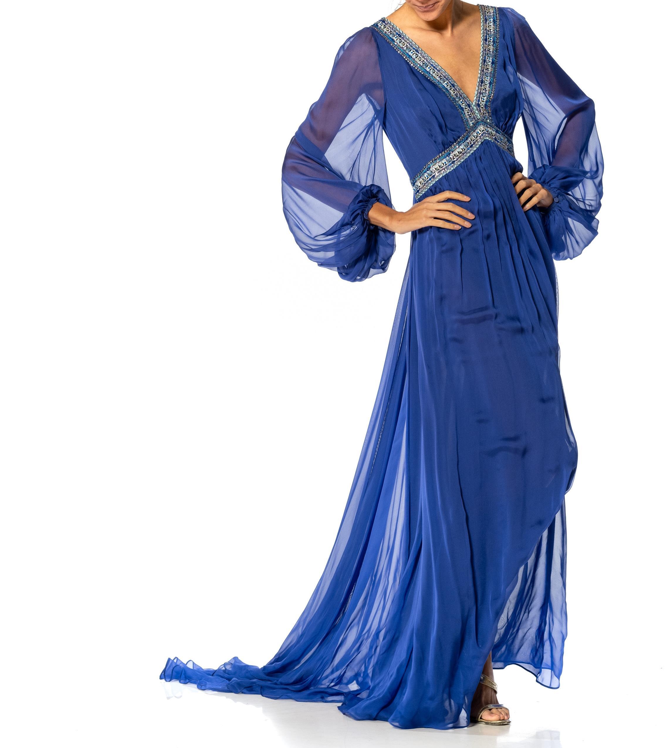 2000S EMILIO PUCCI Cobalt Blue Silk Chiffon Sleeved Gown With Beaded Print Deta For Sale 2