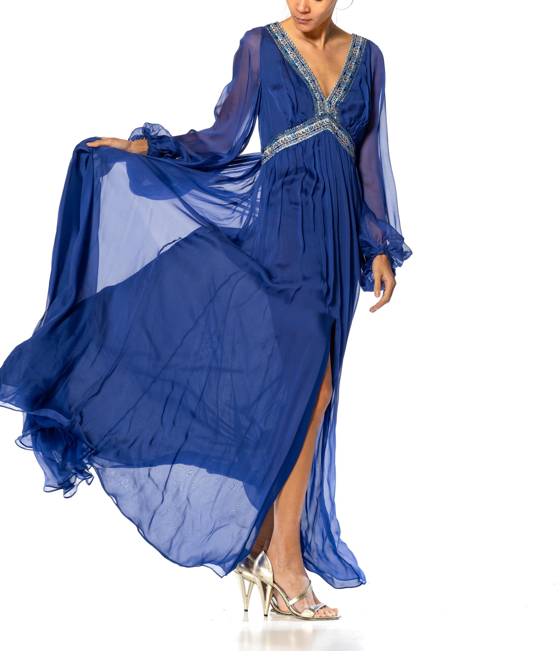 2000S EMILIO PUCCI Cobalt Blue Silk Chiffon Sleeved Gown With Beaded Print Deta For Sale 3