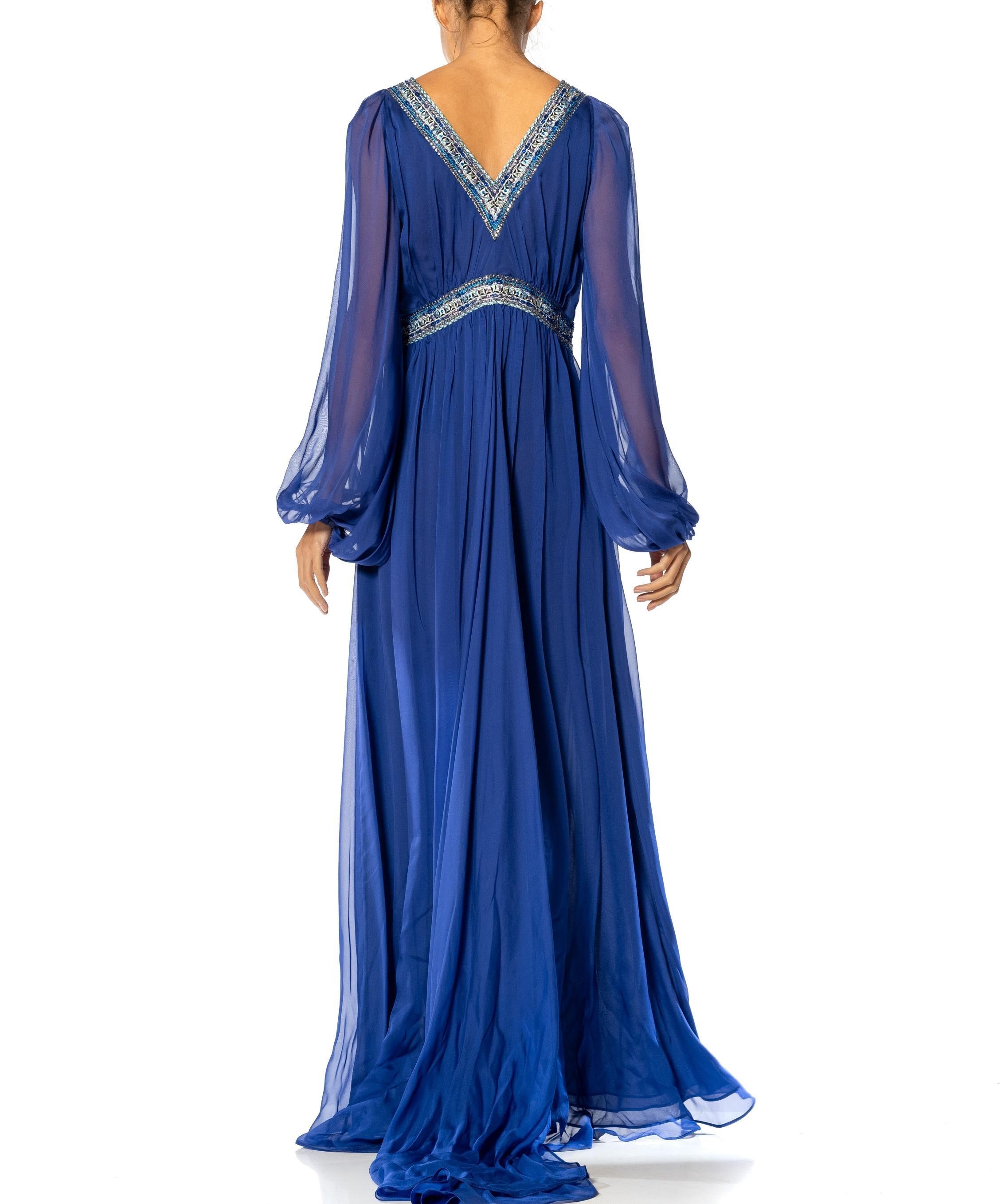 2000S EMILIO PUCCI Cobalt Blue Silk Chiffon Sleeved Gown With Beaded Print Deta For Sale 4