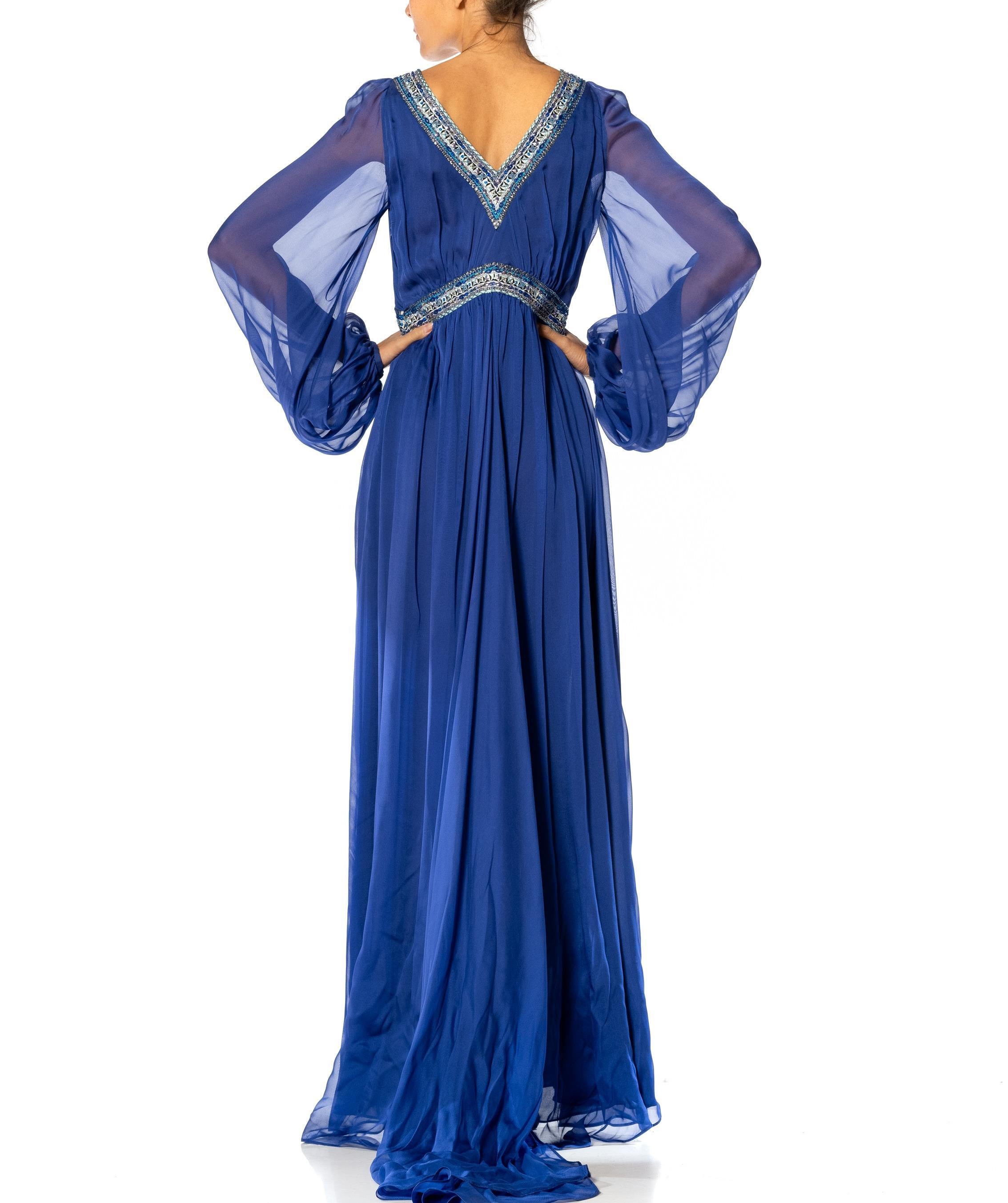 2000S EMILIO PUCCI Cobalt Blue Silk Chiffon Sleeved Gown With Beaded Print Deta For Sale 5