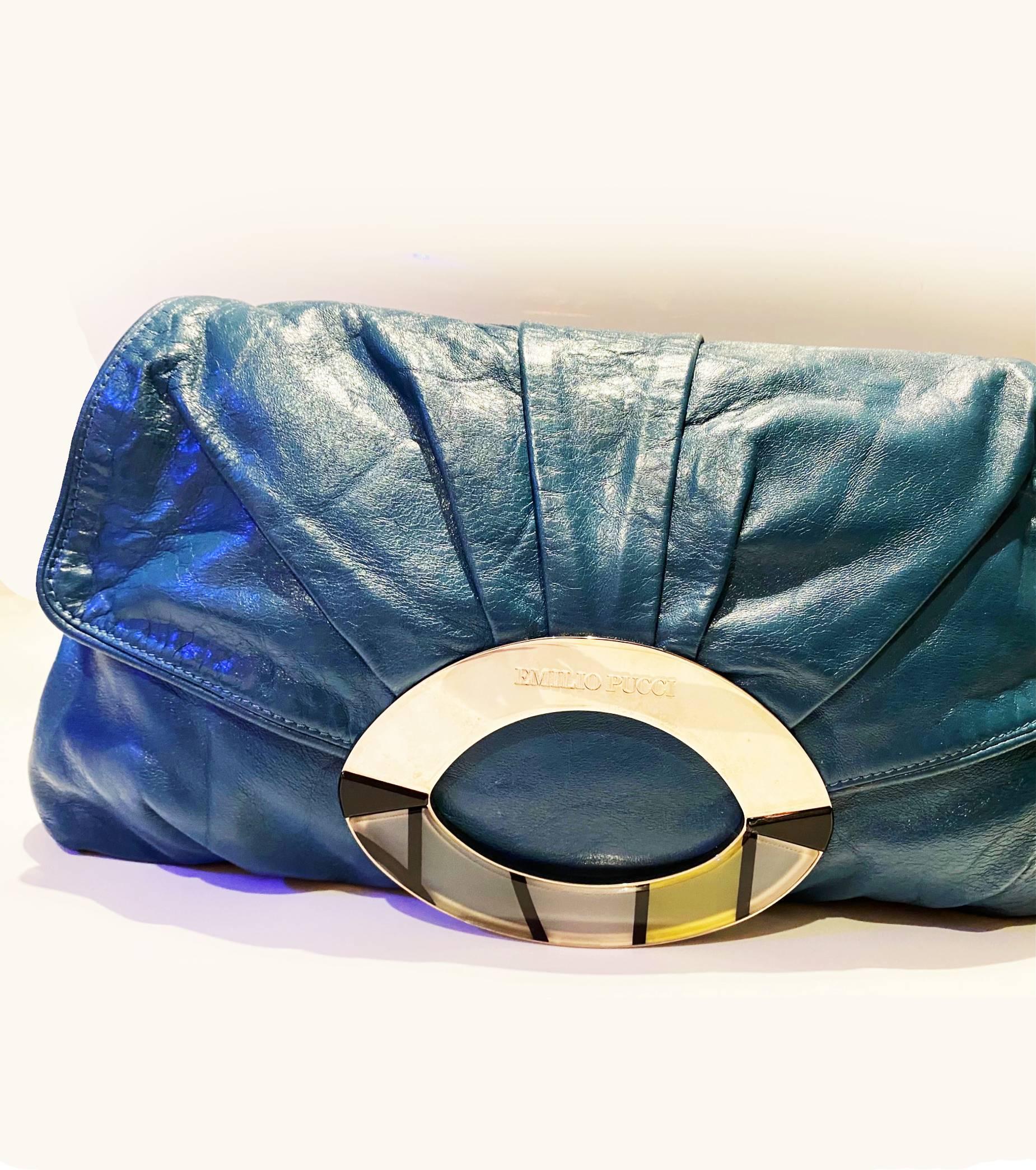 2000s Emilio Pucci Blue Leather Logo Large Clutch Bag  4