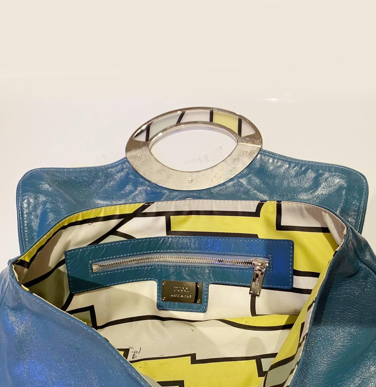 Green 2000s Emilio Pucci Blue Leather Logo Large Clutch Bag 