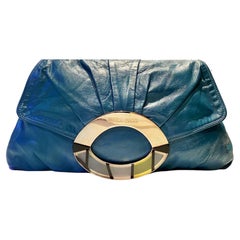 2000s Emilio Pucci Blue Leather Logo Large Clutch Bag 