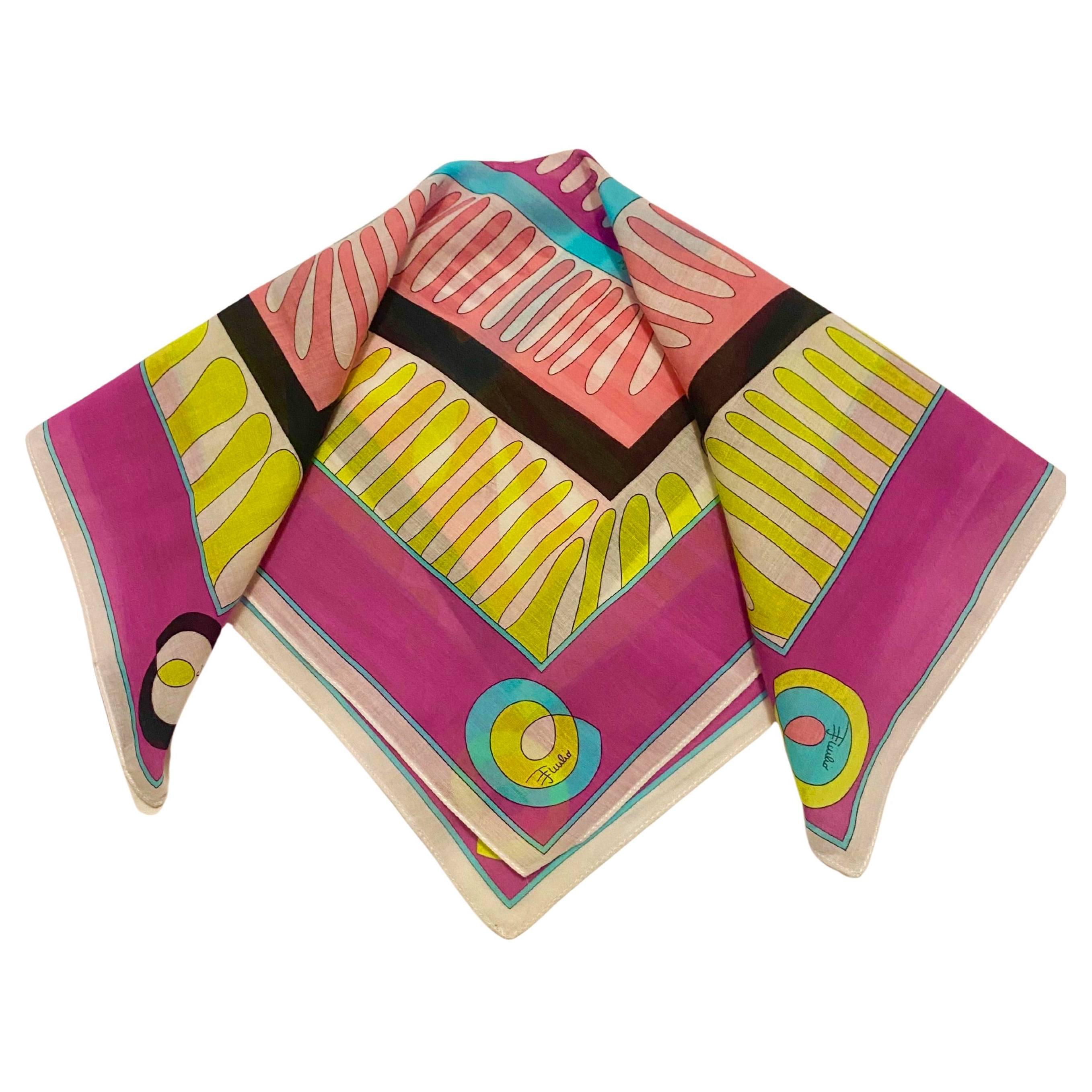 Emilio Pucci handkerchief, cotton, geometric design, logo Pucci pattern blue green

Condition: vintage, 2000s, very good, minimum wear 

Dimensions: square, 42x42cm/ 16″x16