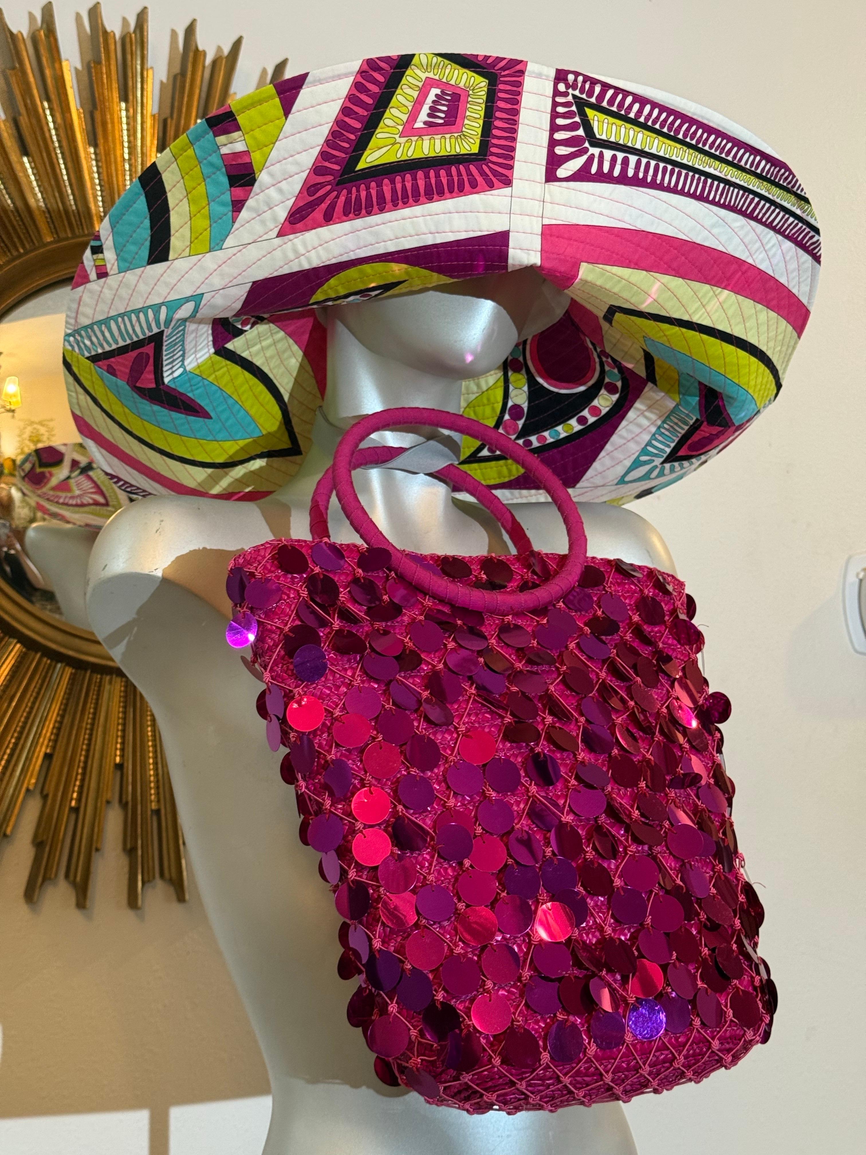 2000s Emilio Pucci Large Brim Signature Print Sun Hat & Coordinating Sequin Bag: A typically fabulous Pucci print on a 21