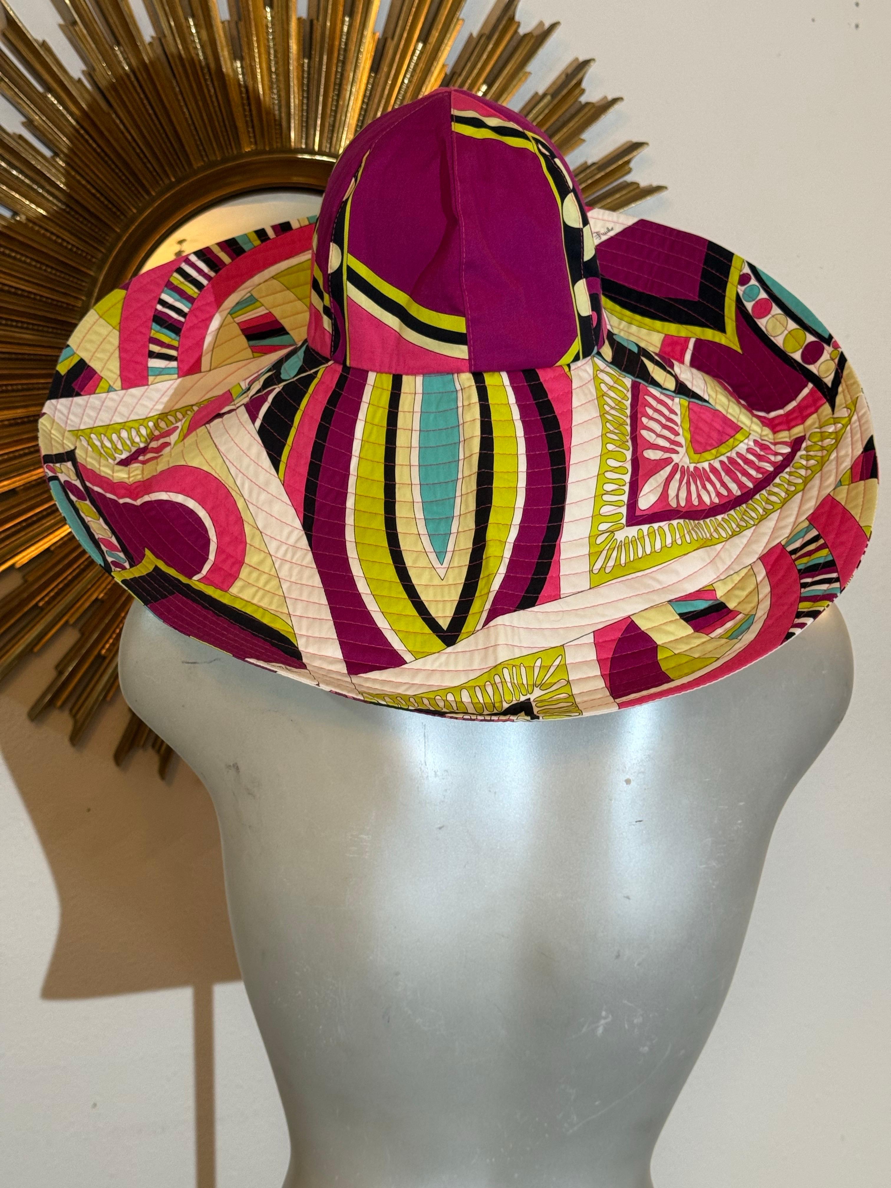 Women's 2000s Emilio Pucci Large Brim Signature Print Sun Hat & Coordinating Sequin Bag For Sale