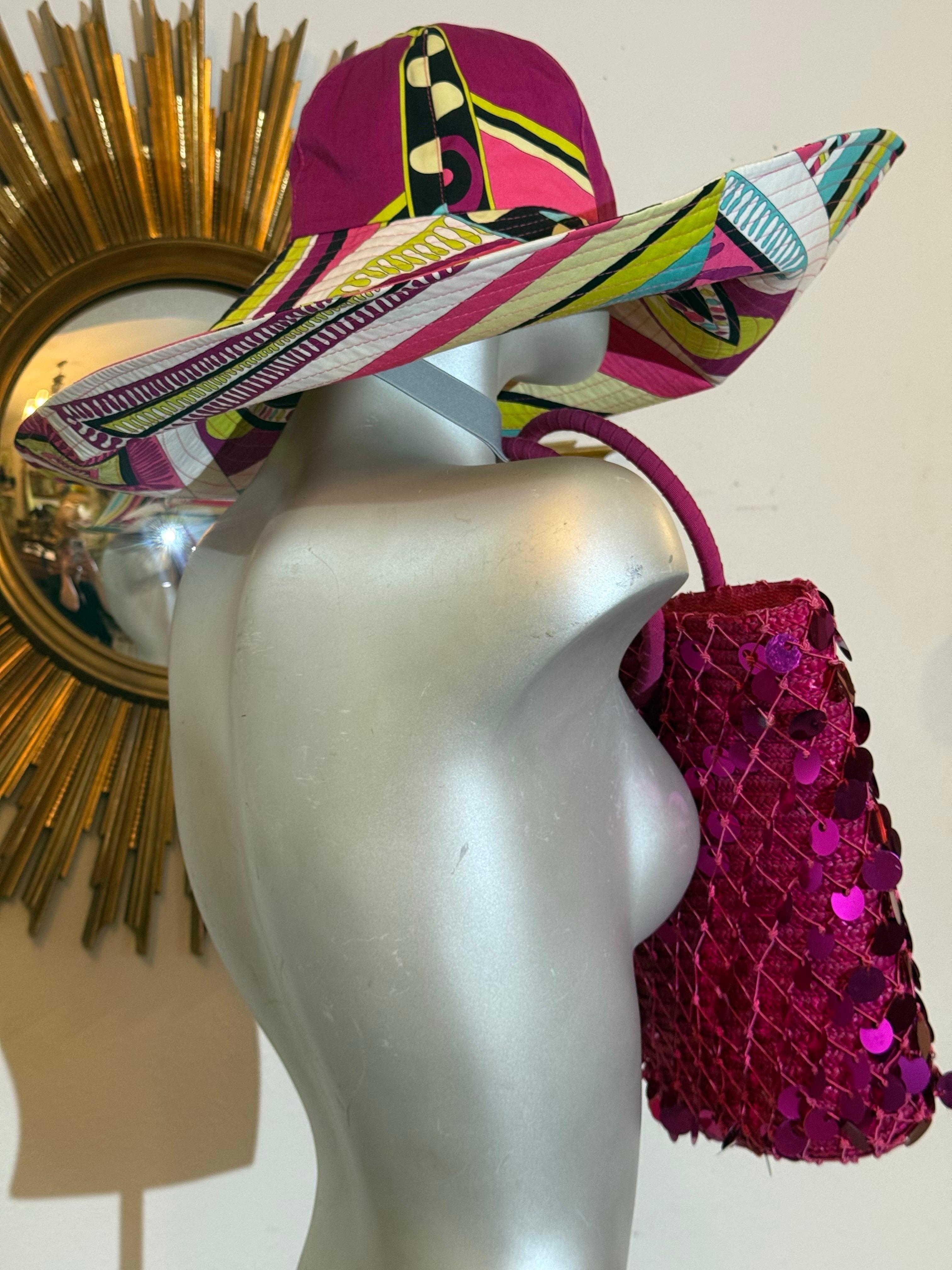2000s Emilio Pucci Large Brim Signature Print Sun Hat & Coordinating Sequin Bag For Sale 1