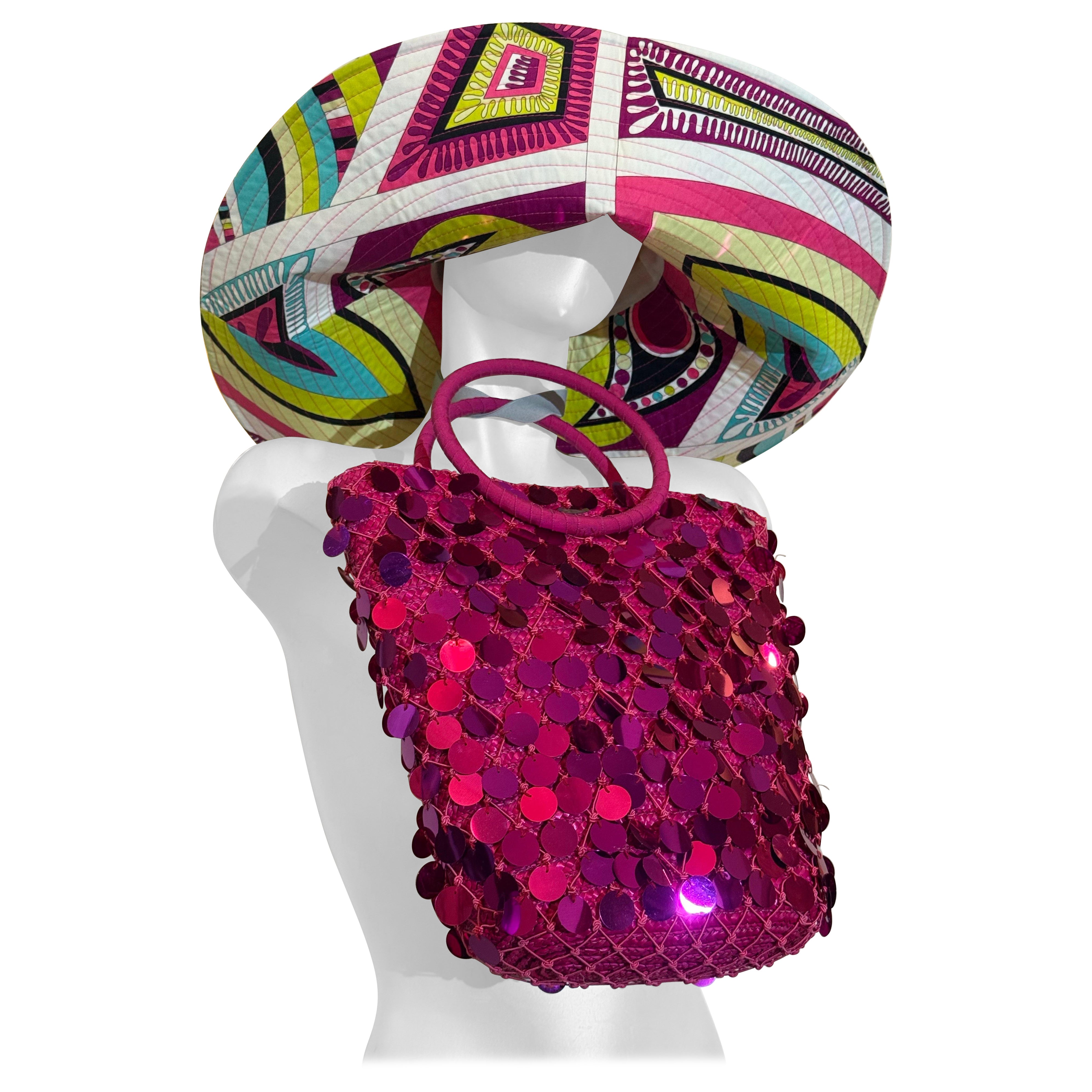 2000s Emilio Pucci Large Brim Signature Print Sun Hat & Coordinating Sequin Bag For Sale