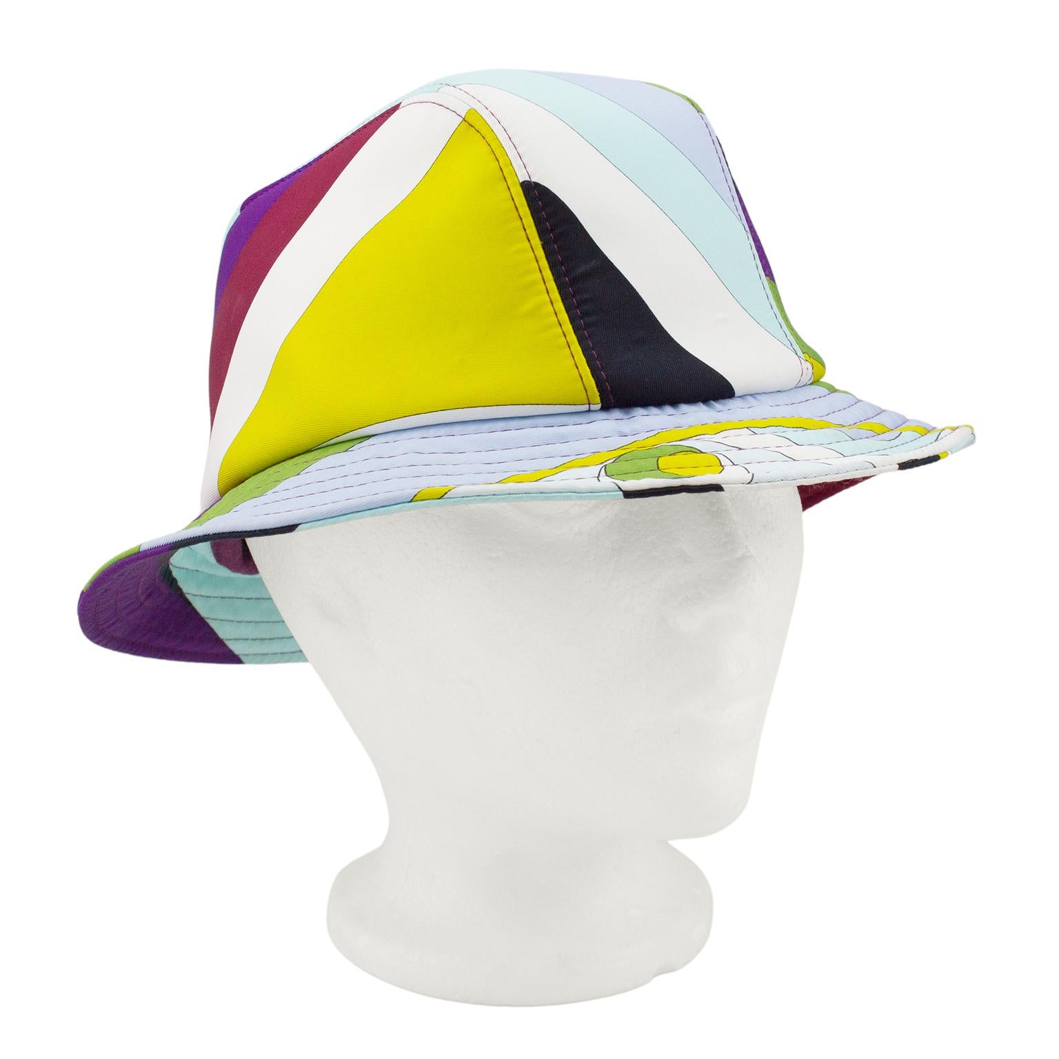 Emilio Pucci neoprene bucket hat from the 2000's. Iconic multicolour abstract Pucci print with markings. Maroon interior & top stitching. Excellent vintage condition - small, faint mark on front. 21.5