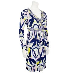 2000s Emilio Pucci Navy and Yellow Printed Wrap Dress
