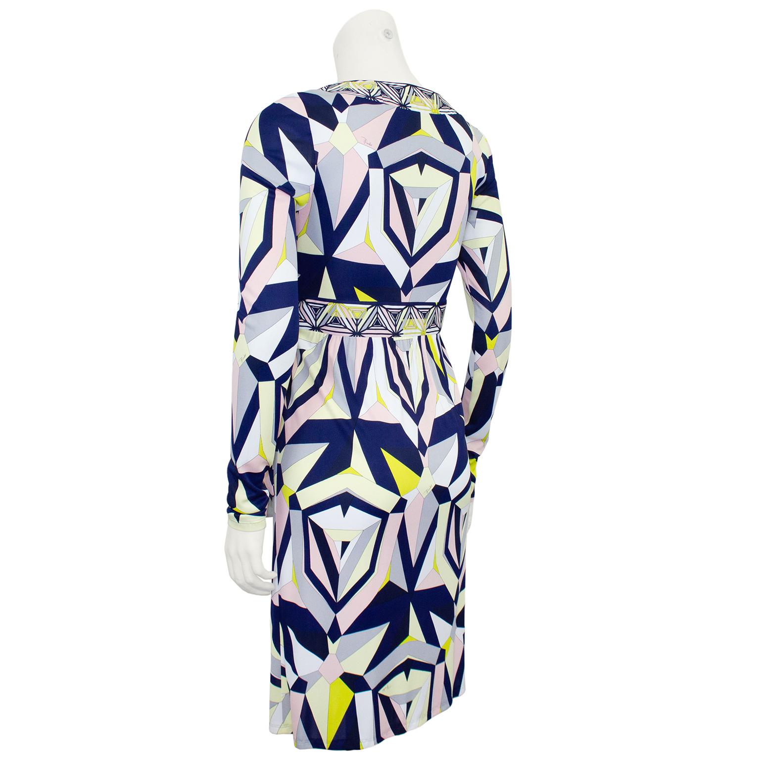 2000s Emilio Pucci Navy and Yellow Printed Wrap Dress In Good Condition For Sale In Toronto, Ontario