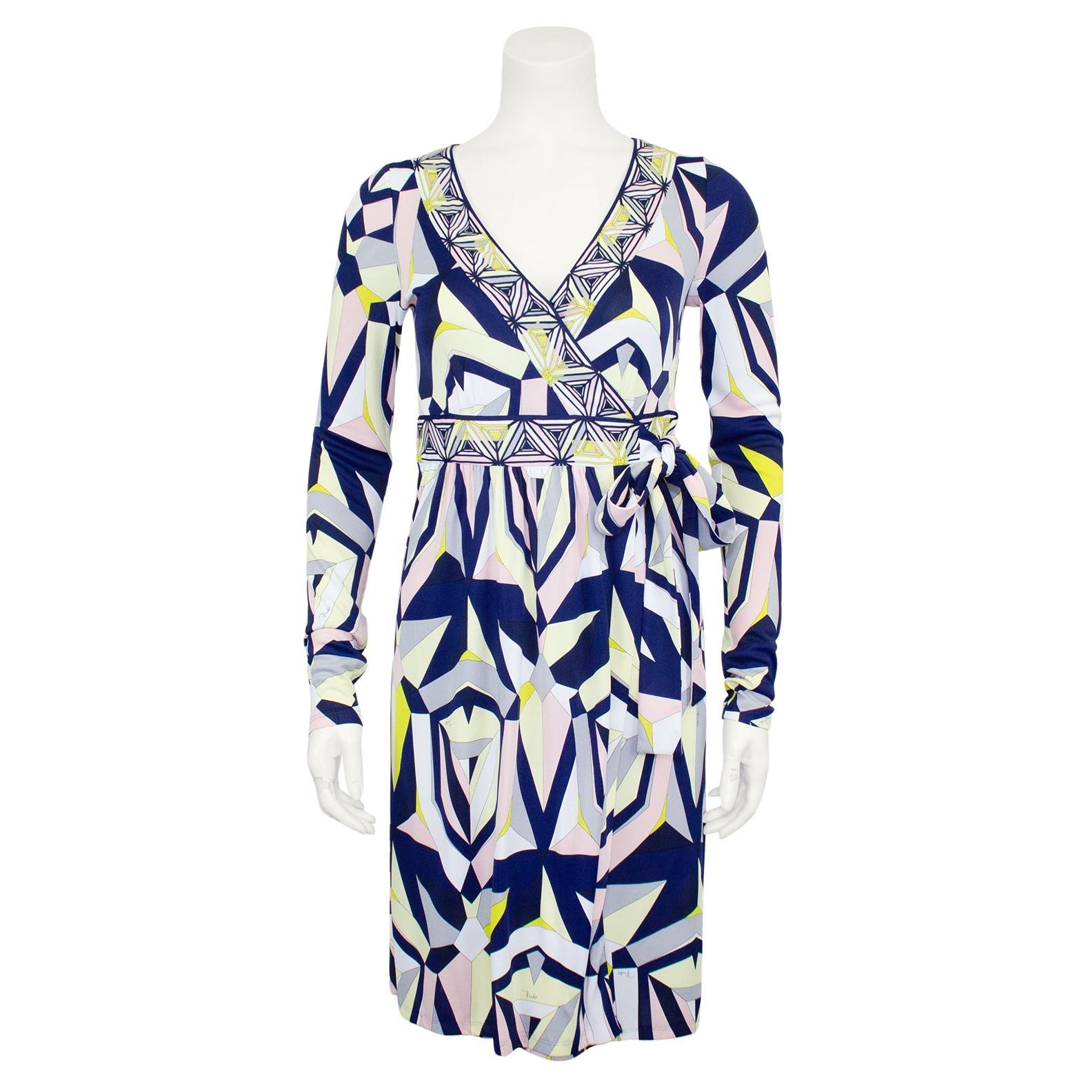 2000s Emilio Pucci Navy and Yellow Printed Wrap Dress For Sale