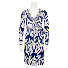 2000s Emilio Pucci Navy and Yellow Printed Wrap Dress