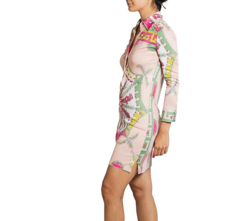 2000S Emilio Pucci Pink & Green Rayon Jersey Slinky Shirt Dress In Excellent Condition For Sale In New York, NY