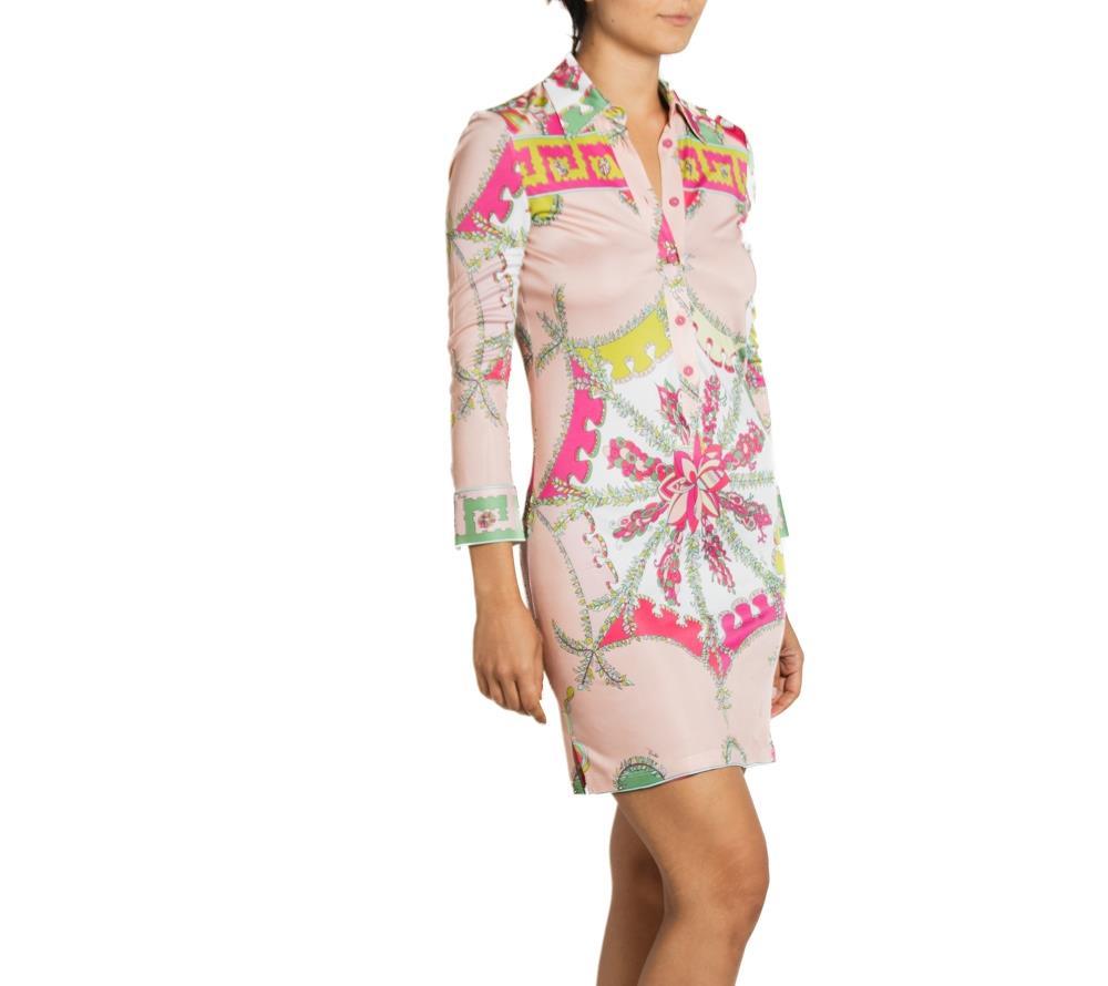 Women's 2000S Emilio Pucci Pink & Green Rayon Jersey Slinky Shirt Dress For Sale