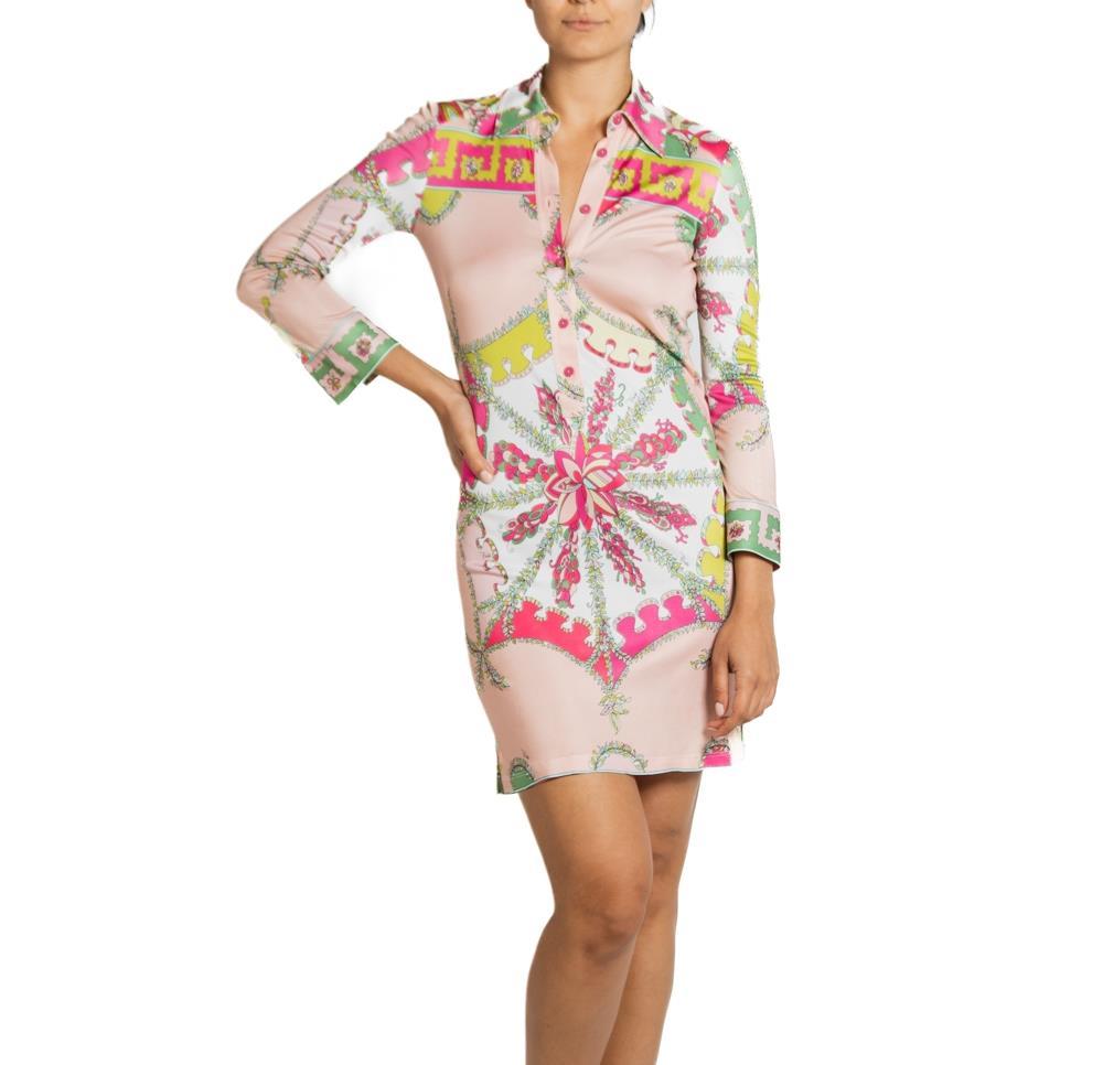 2000S Emilio Pucci Pink & Green Rayon Jersey Slinky Shirt Dress For Sale 2