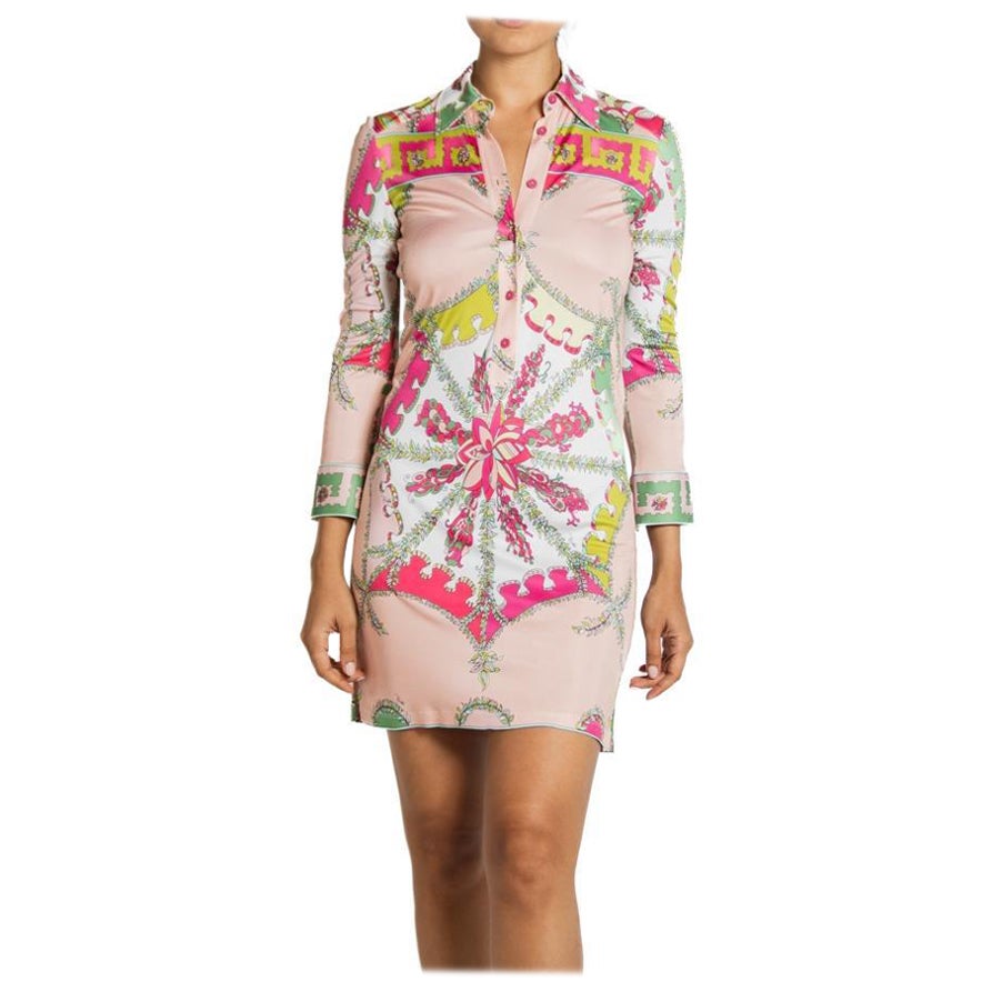 2000S Emilio Pucci Pink & Green Rayon Jersey Slinky Shirt Dress