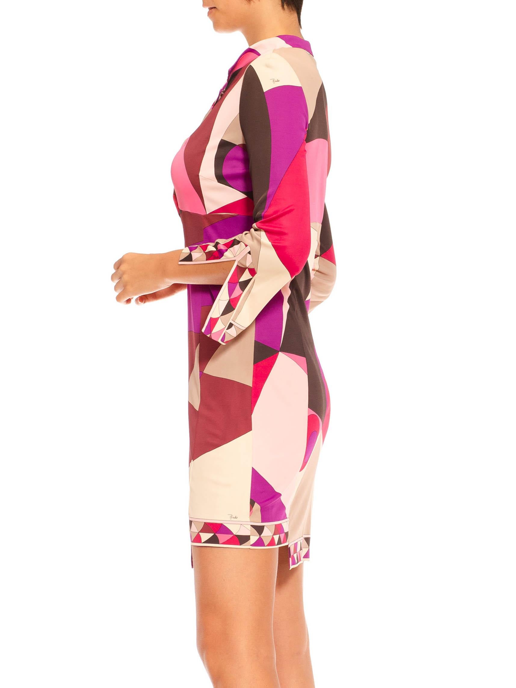 2000S Emilio Pucci Pink & Purple Psychedelic Rayon Jersey Long Sleeved Dress In Excellent Condition In New York, NY