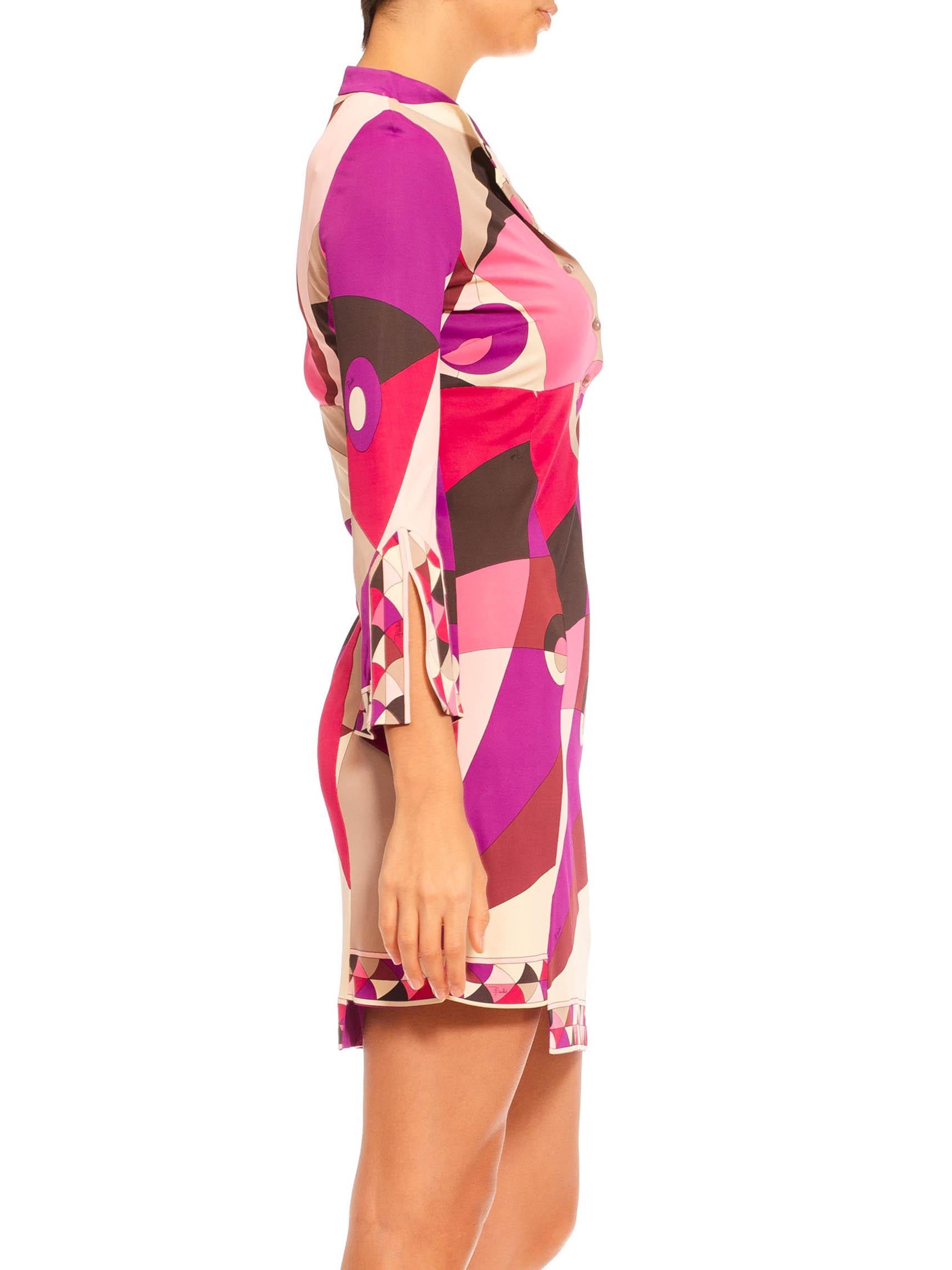 Women's 2000S Emilio Pucci Pink & Purple Psychedelic Rayon Jersey Long Sleeved Dress