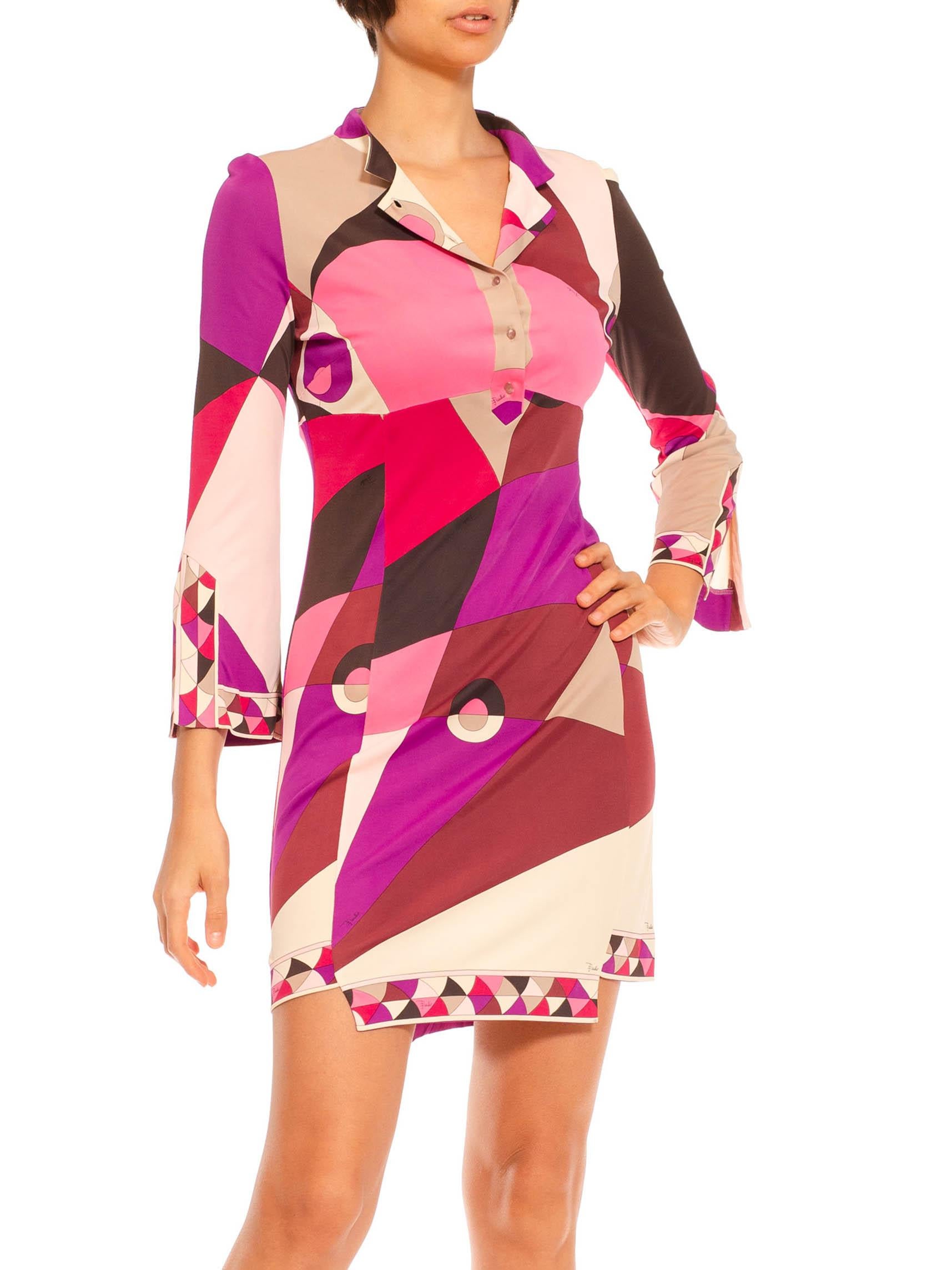 2000S Emilio Pucci Pink & Purple Psychedelic Rayon Jersey Long Sleeved Dress 4