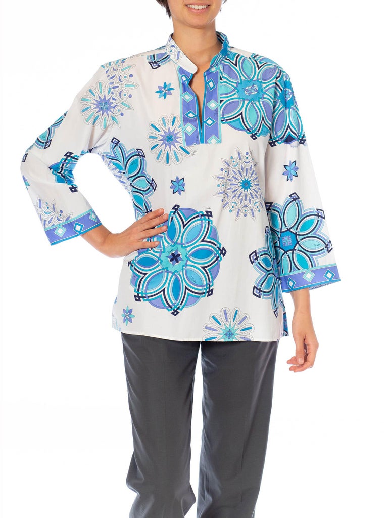 2000S Emilio Pucci White & Blue Cotton Lawn Long Sleeve Tunic Top For Sale 6