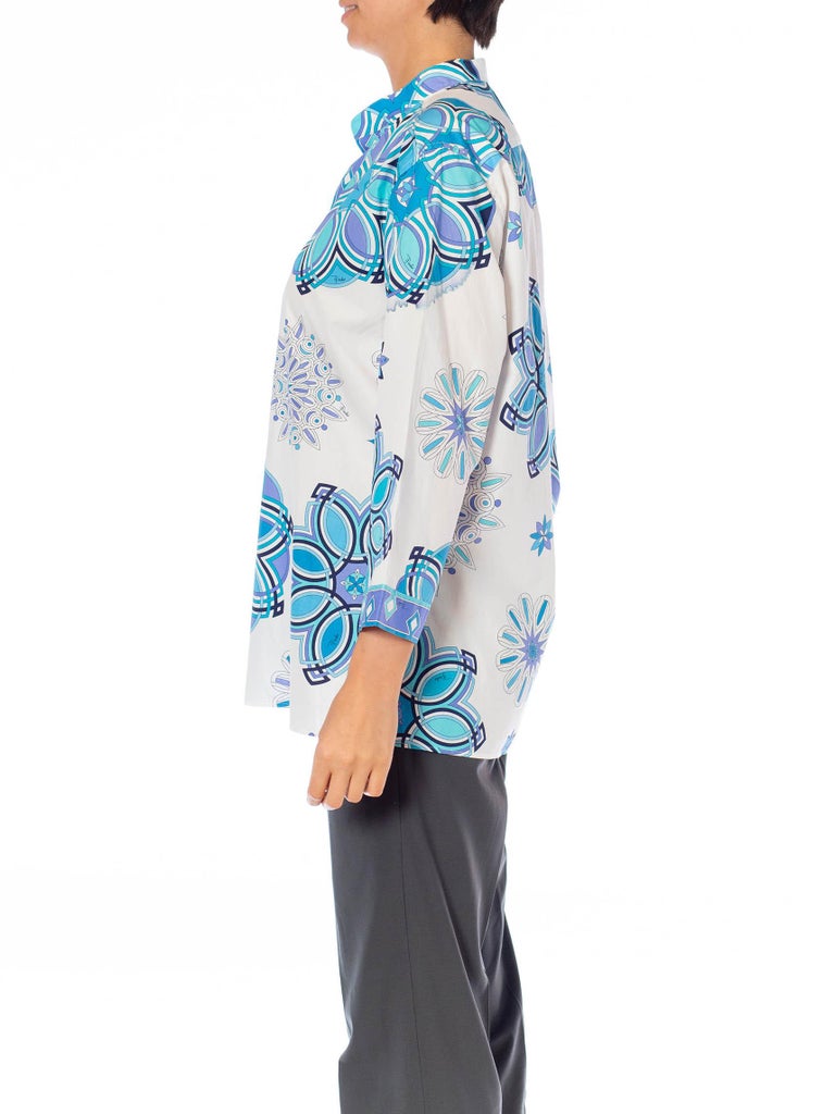 2000S EMILIO PUCCI White and Blue Cotton Lawn Long Sleeve Tunic Top For