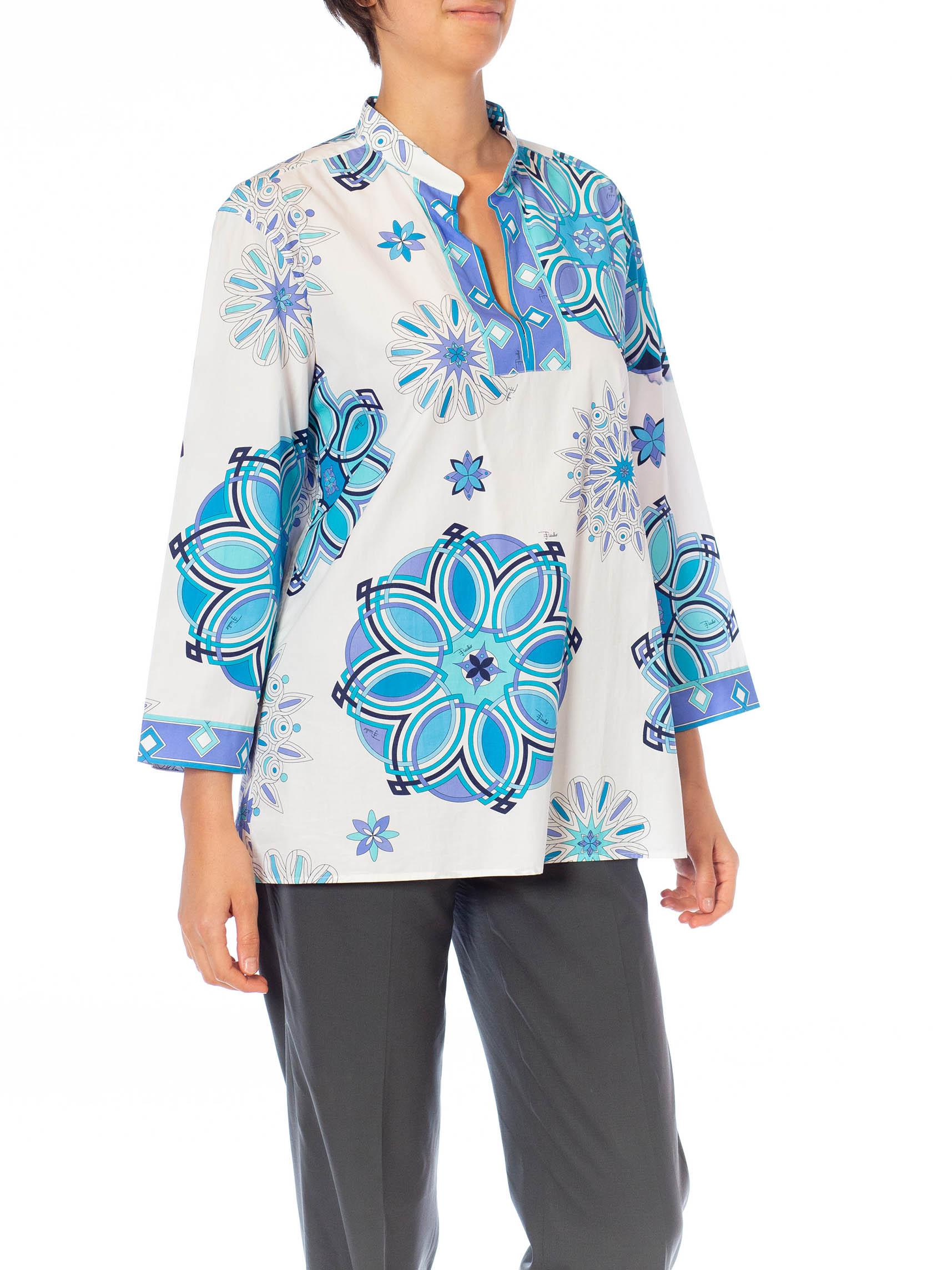 2000S EMILIO PUCCI White & Blue Cotton Lawn Long Sleeve Tunic Top In Excellent Condition In New York, NY