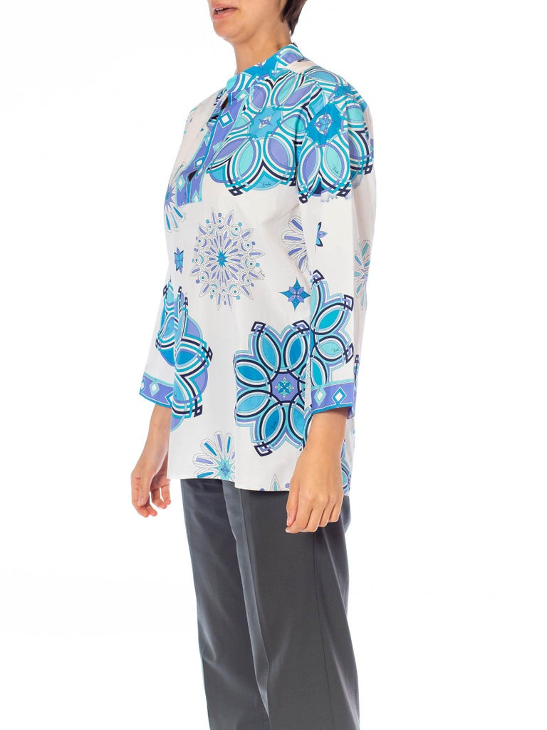 2000S Emilio Pucci White & Blue Cotton Lawn Long Sleeve Tunic Top For Sale 1